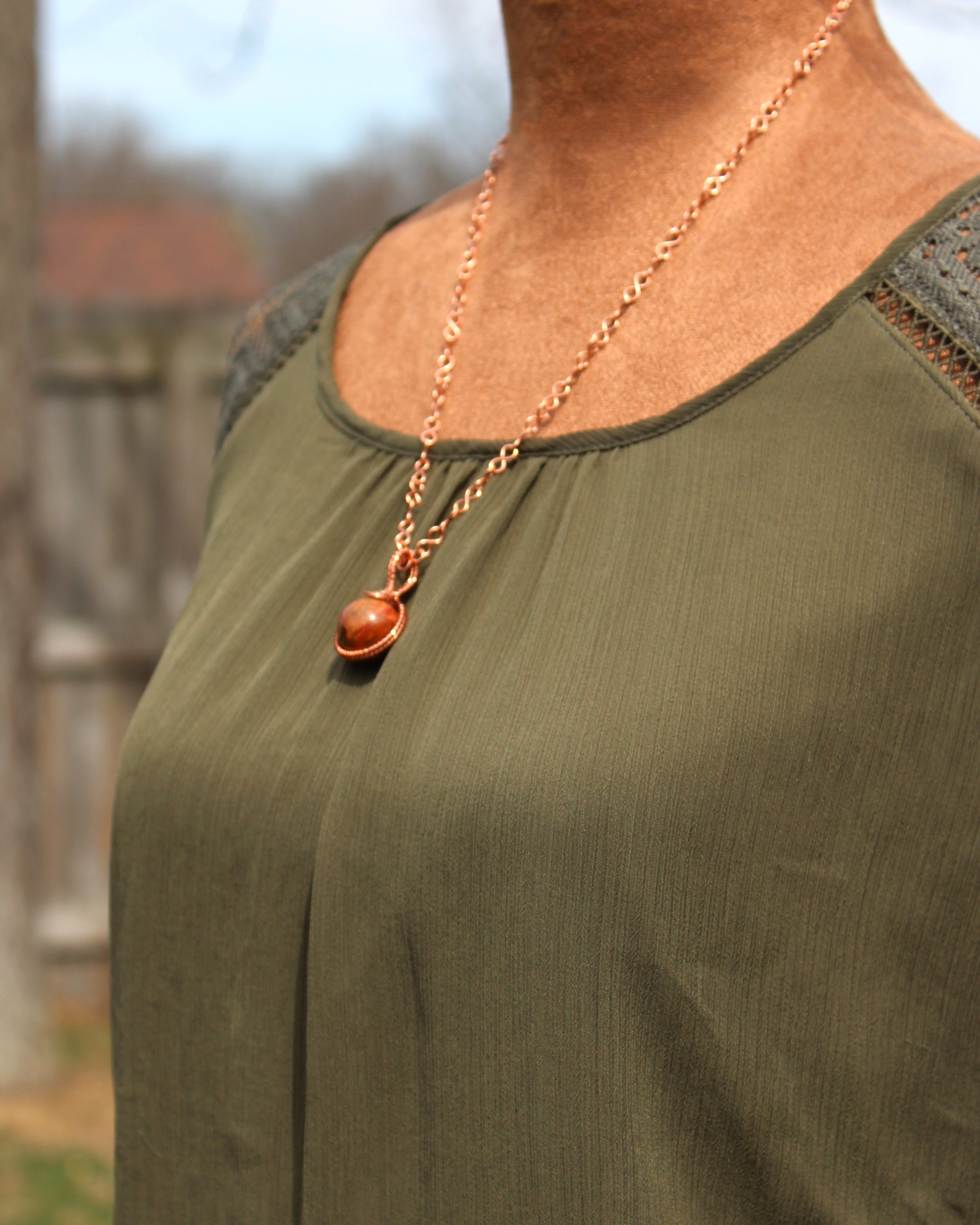 Handcrafted Copper Jasper Pendant Necklace with Infinity Link Chain, 21"