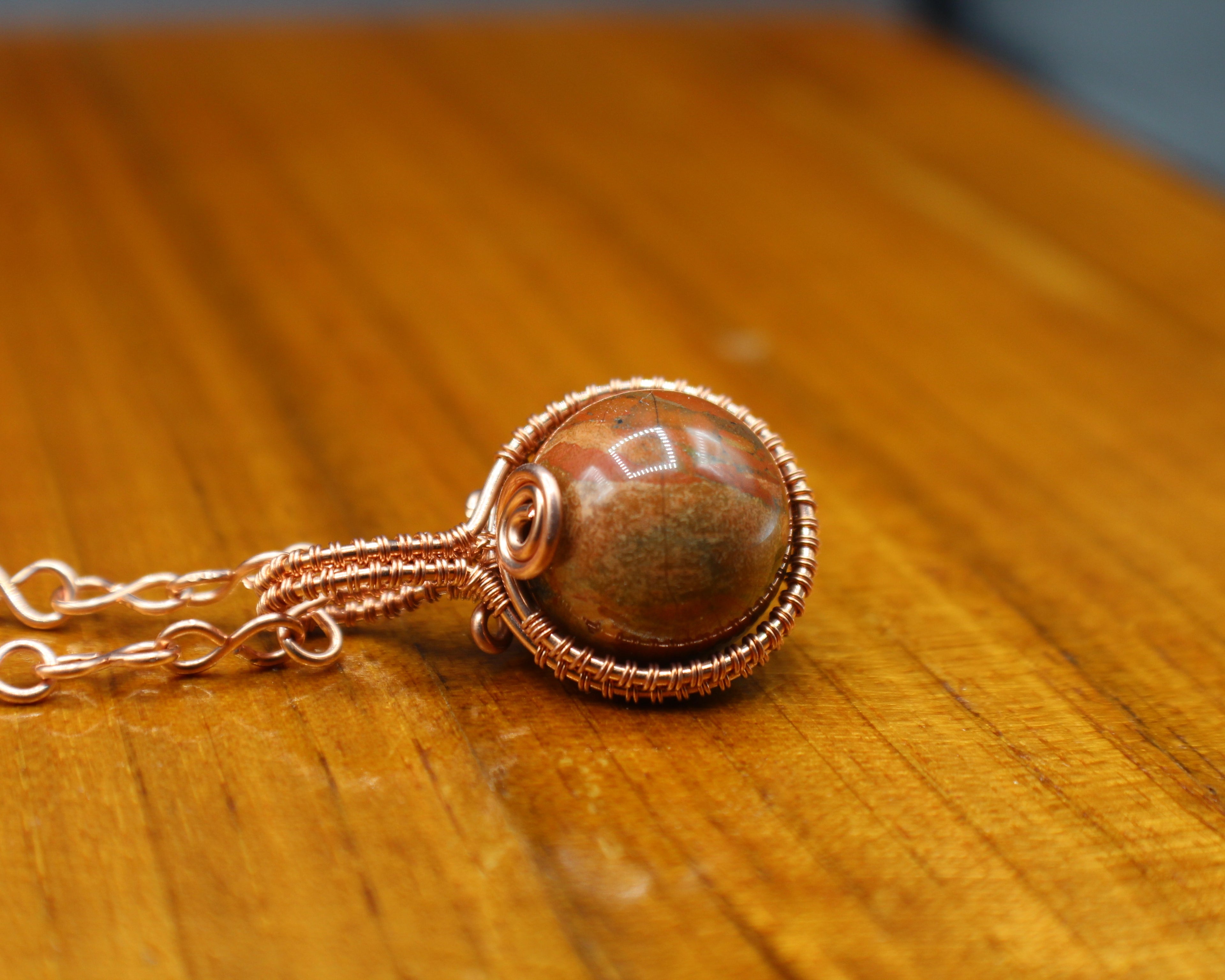 Handcrafted Copper Jasper Pendant Necklace with Infinity Link Chain, 21"
