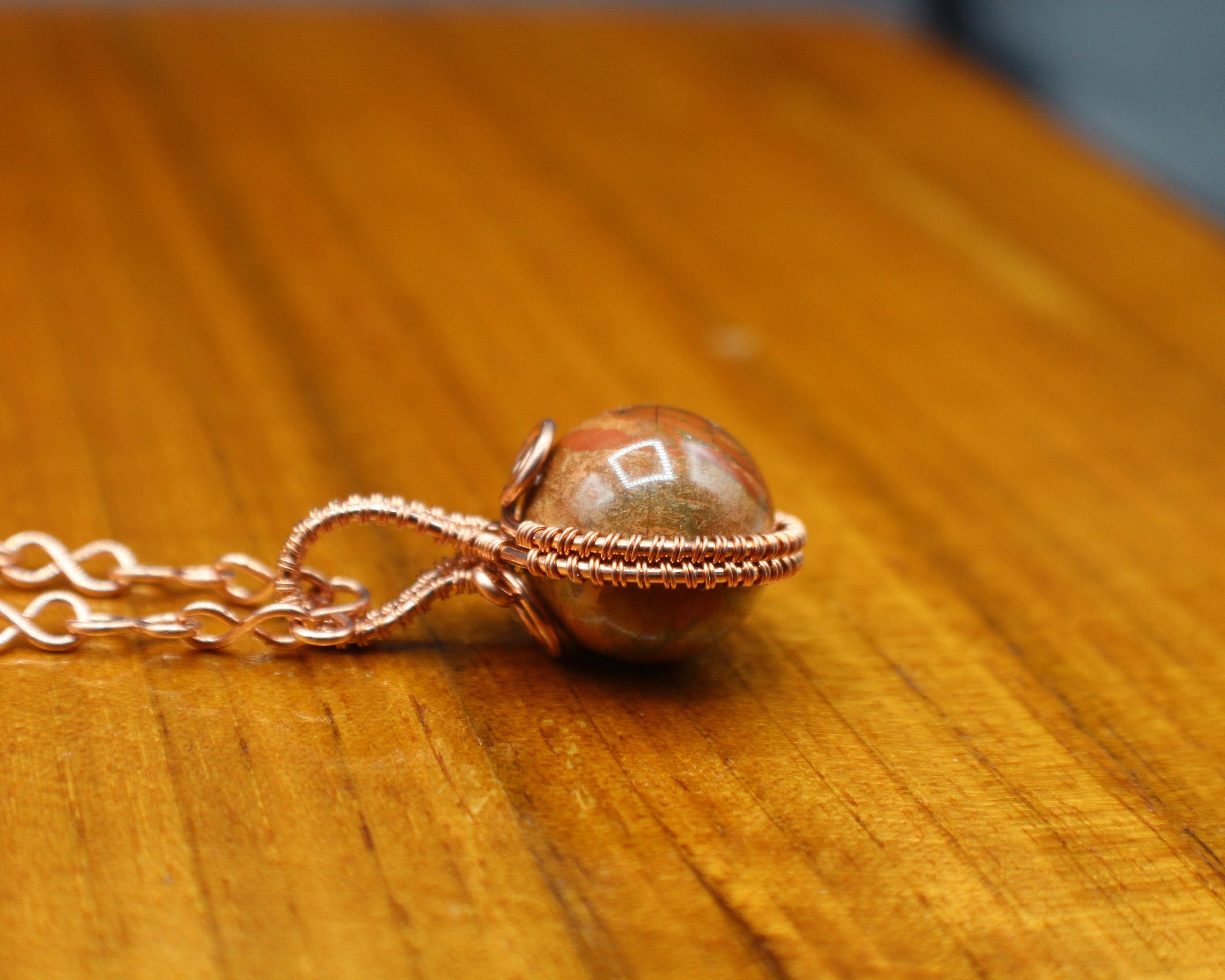 Handcrafted Copper Jasper Pendant Necklace with Infinity Link Chain, 21"
