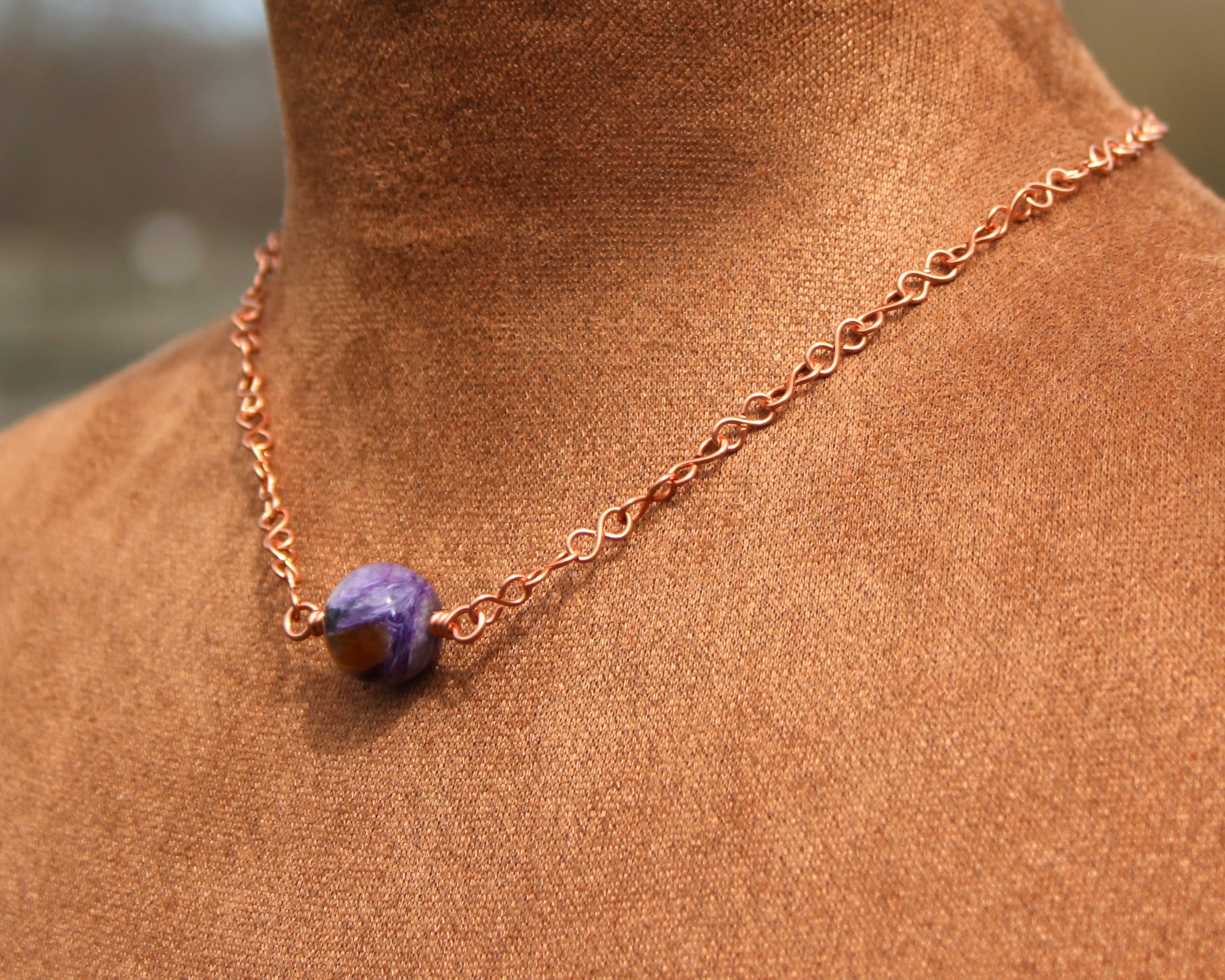 Handcrafted Purple Jasper Necklace with Copper Infinity Link Chain, 18"