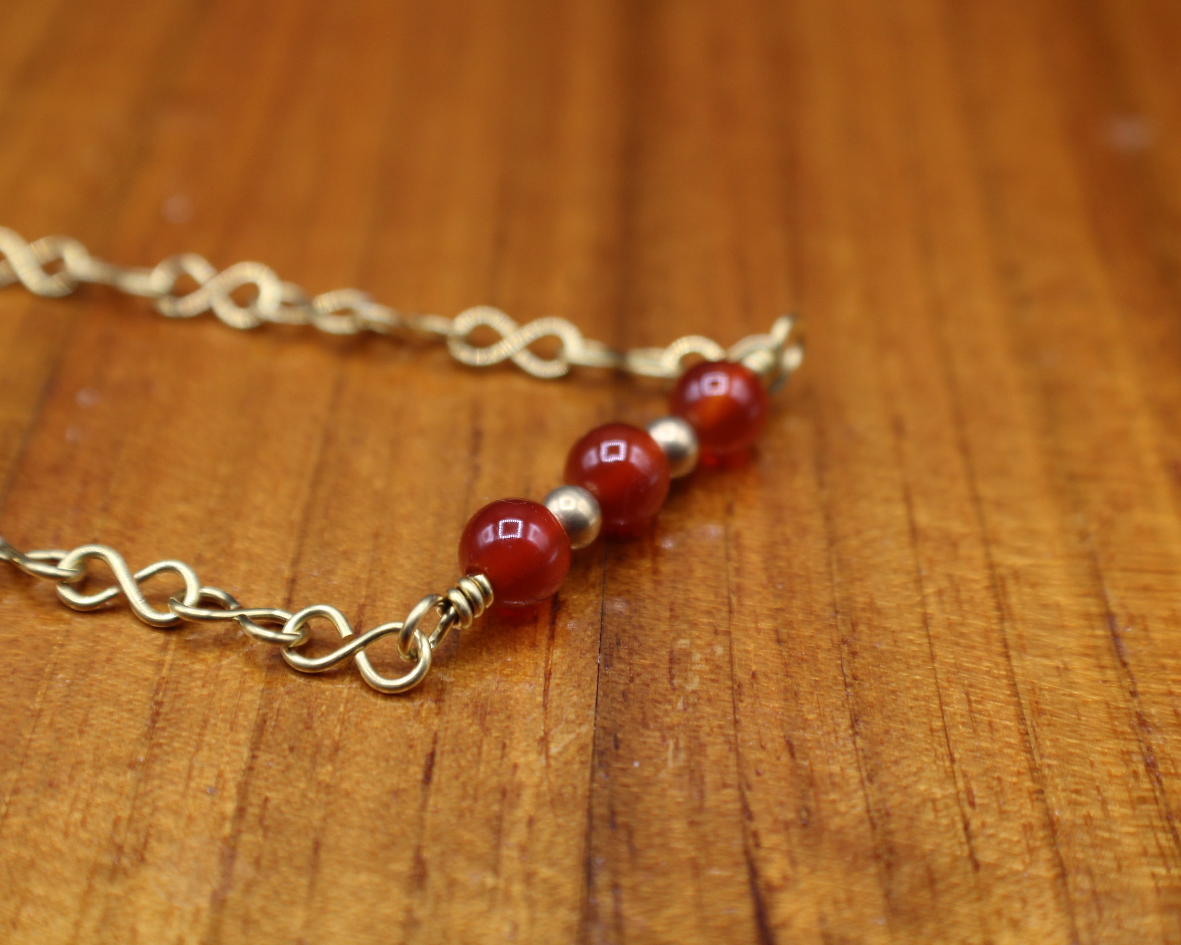 Handcrafted Carnelian Necklace with Brass Infinity Chain, 18"