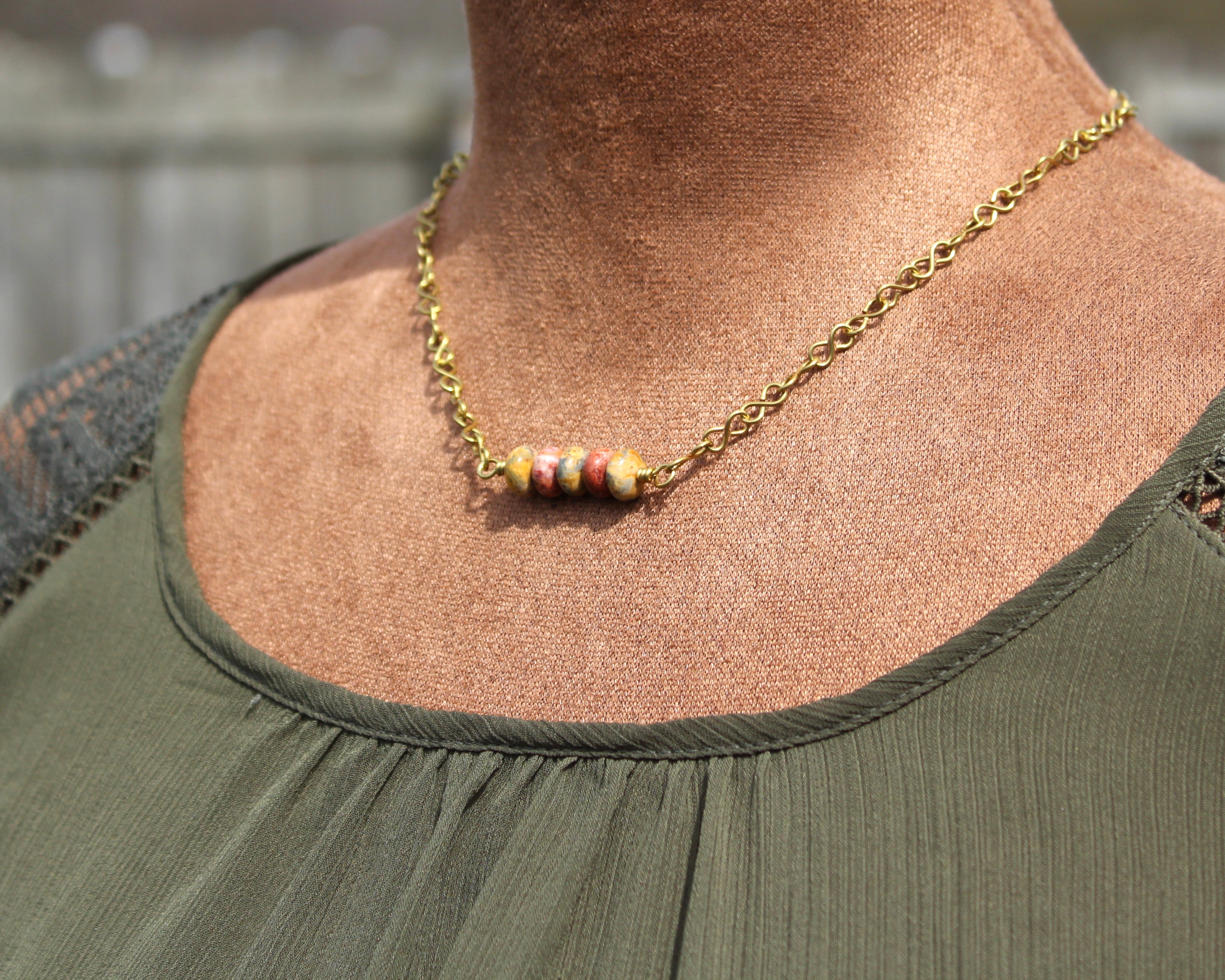 Handcrafted Jasper Necklace with Brass Infinity Chain, 18"