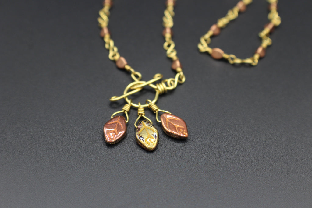 Handcrafted Brass Necklace with Czech Glass Leaf Drops and Front Toggle Clasp, 17"