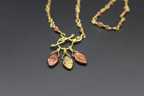 Handcrafted Brass Necklace with Czech Glass Leaf Drops and Front Toggle Clasp, 17"