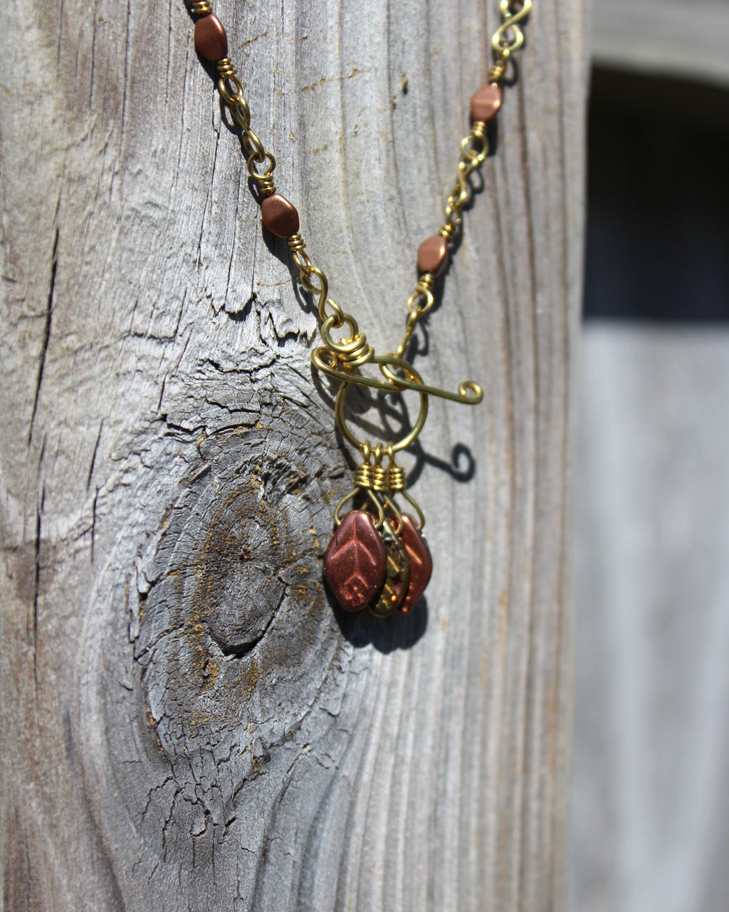 Handcrafted Brass Necklace with Czech Glass Leaf Drops and Front Toggle Clasp, 17"