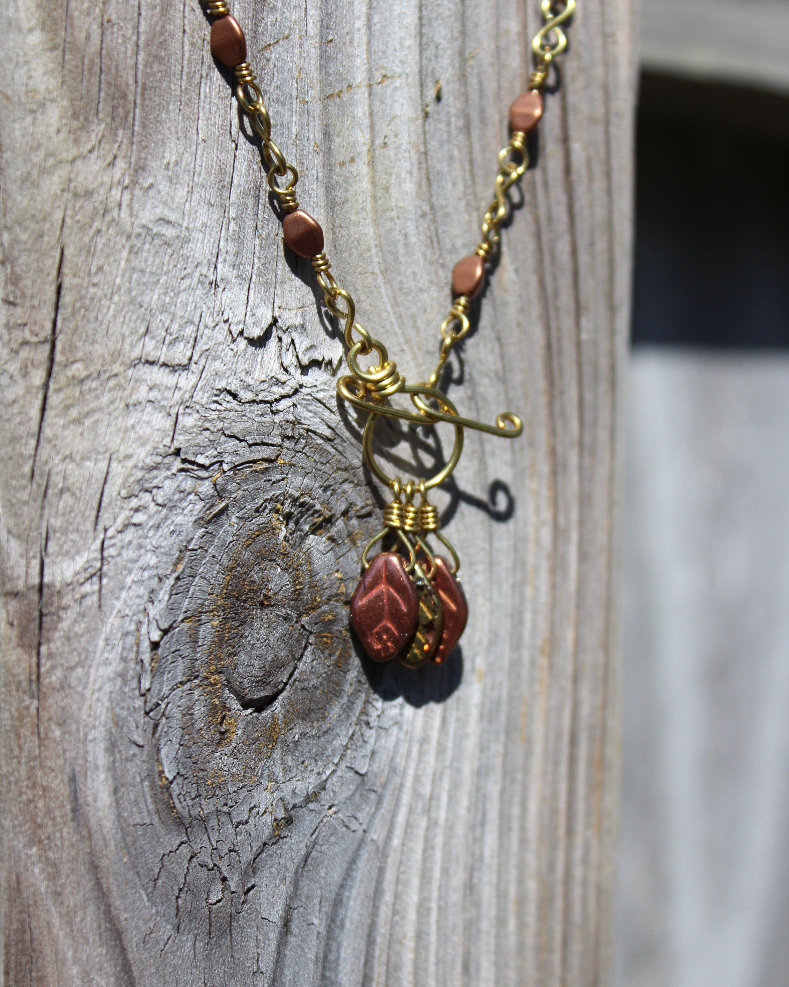 Handcrafted Brass Necklace with Czech Glass Leaf Drops and Front Toggle Clasp, 17"