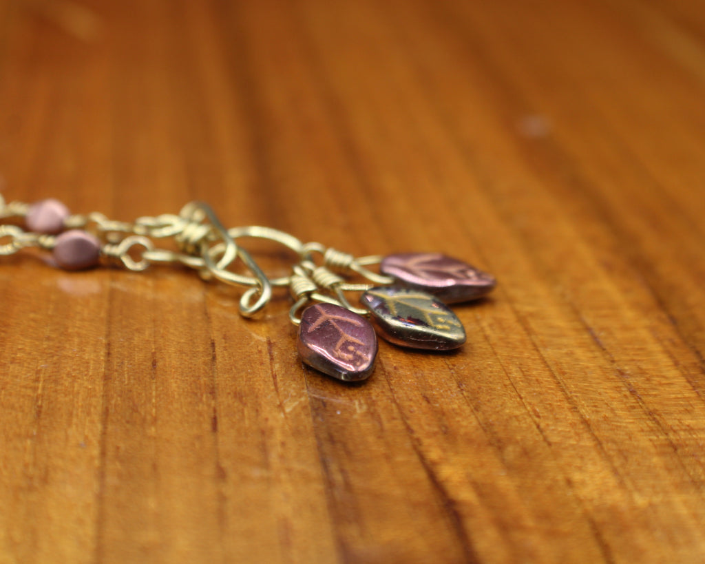 Handcrafted Brass Necklace with Czech Glass Leaf Drops and Front Toggle Clasp, 17"