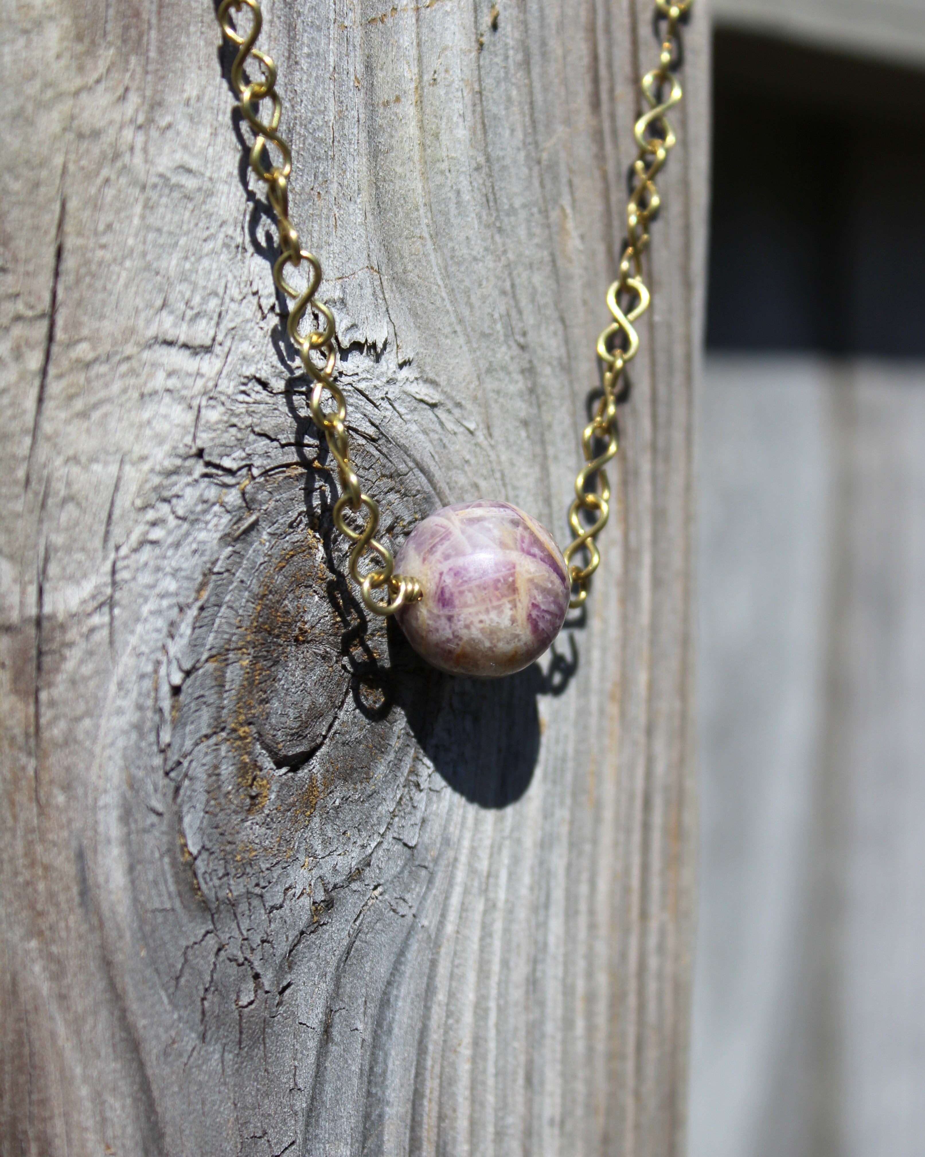 Handcrafted Light Purple Stone Necklace with Brass Infinity Chain, 18"