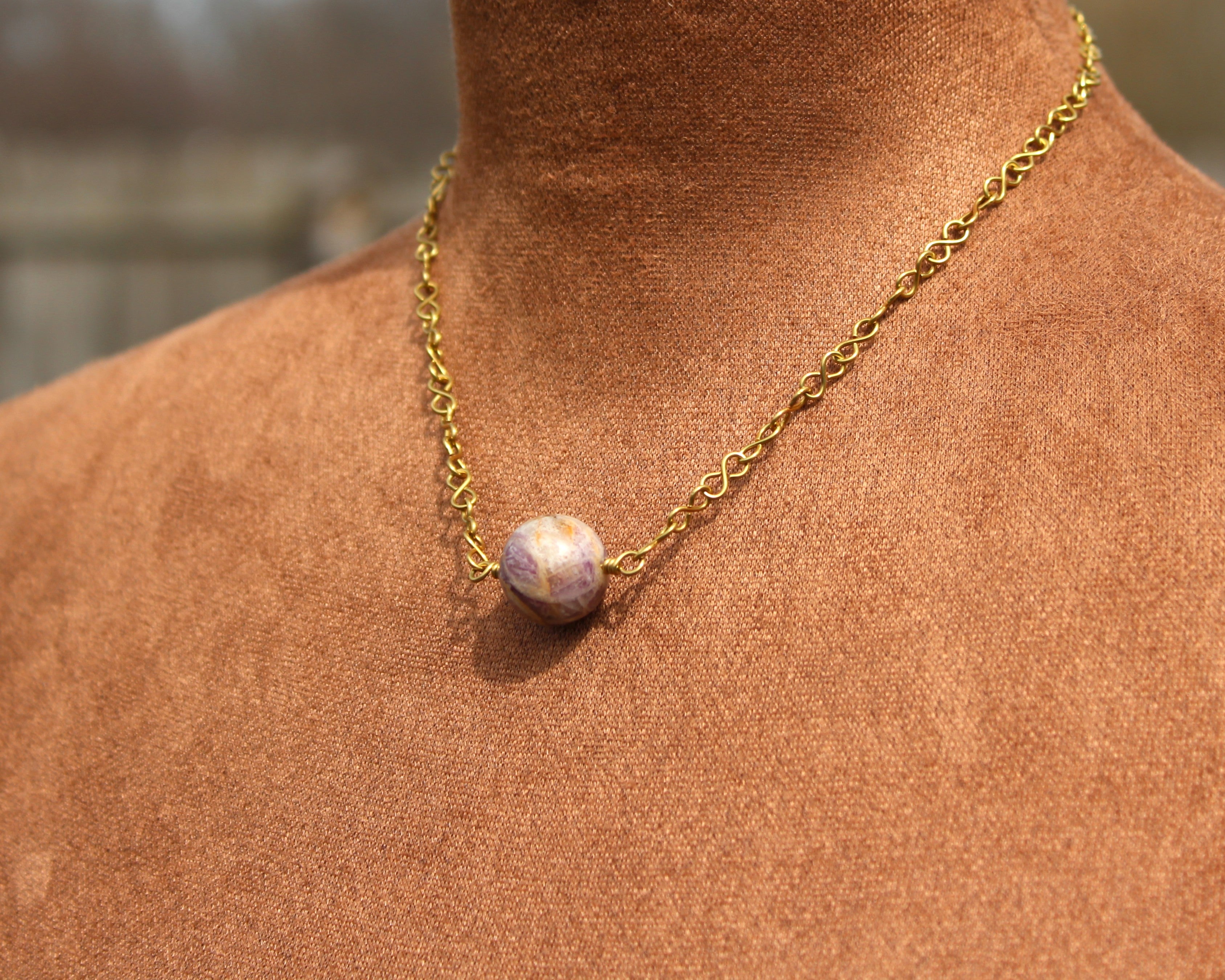 Handcrafted Light Purple Stone Necklace with Brass Infinity Chain, 18"