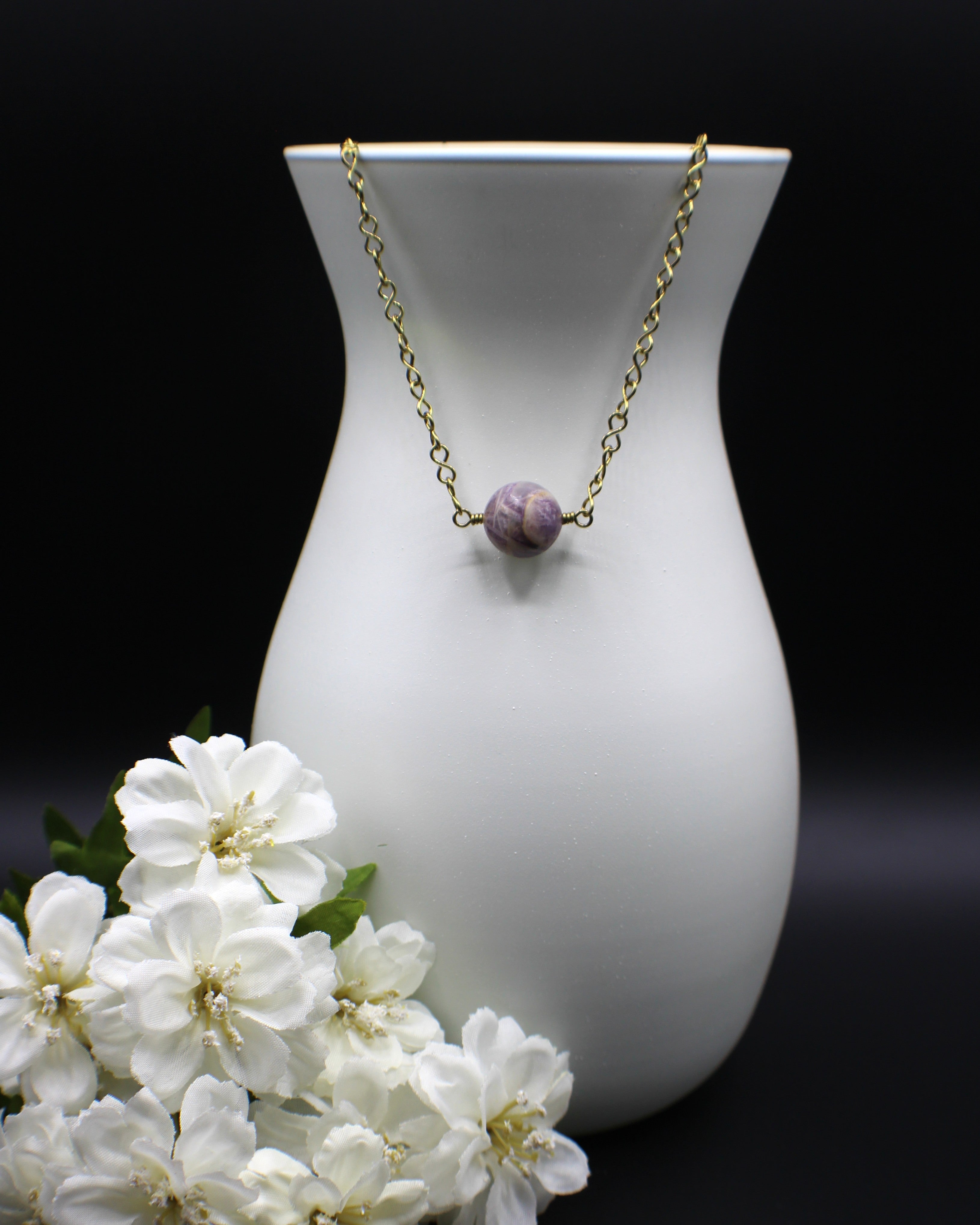 Handcrafted Light Purple Stone Necklace with Brass Infinity Chain, 18"