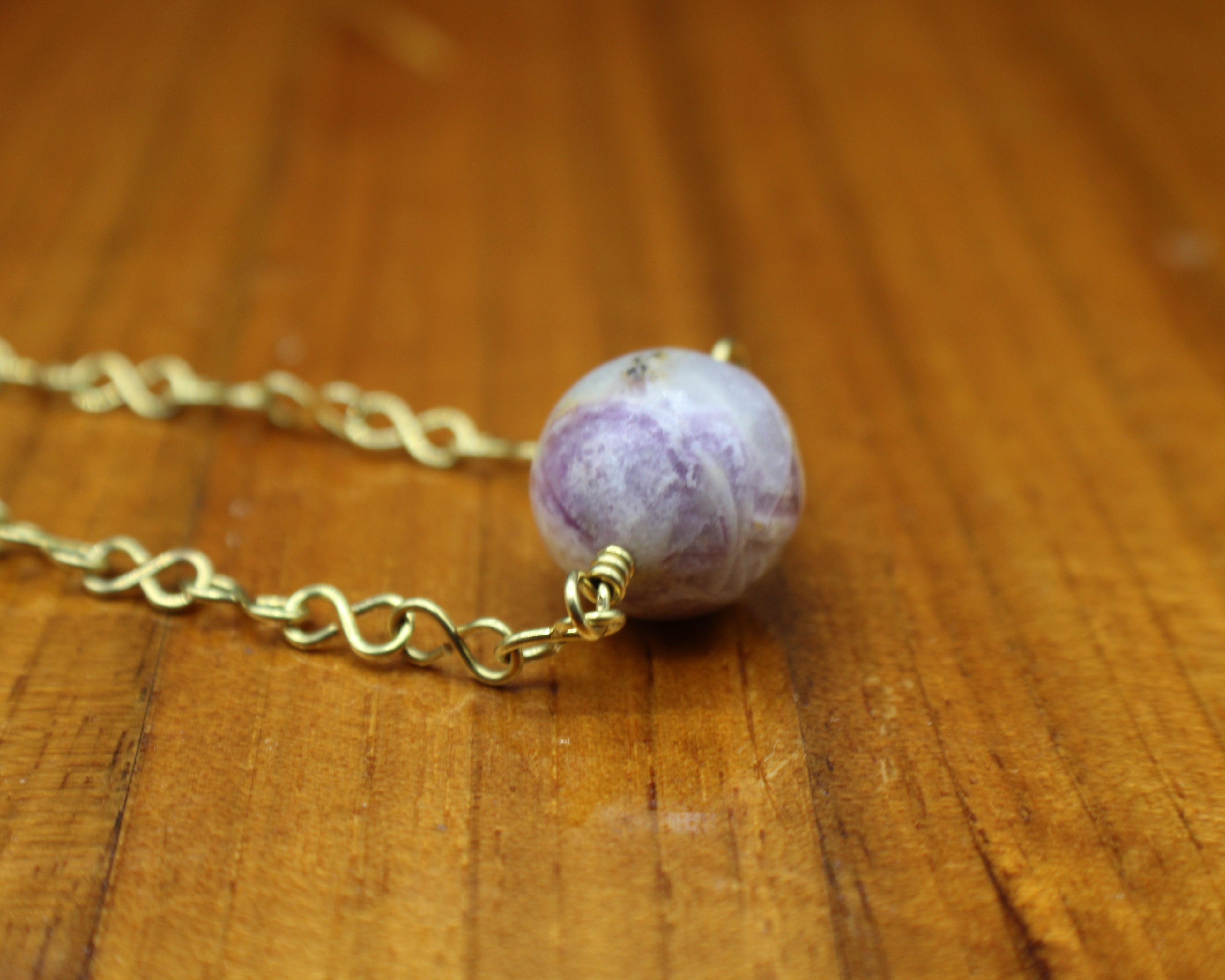 Handcrafted Light Purple Stone Necklace with Brass Infinity Chain, 18"