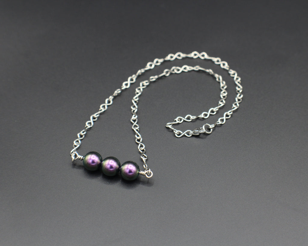 Handcrafted Purple Crystal Pearl Necklace with Stainless Steel Infinity Link Chain, 18"