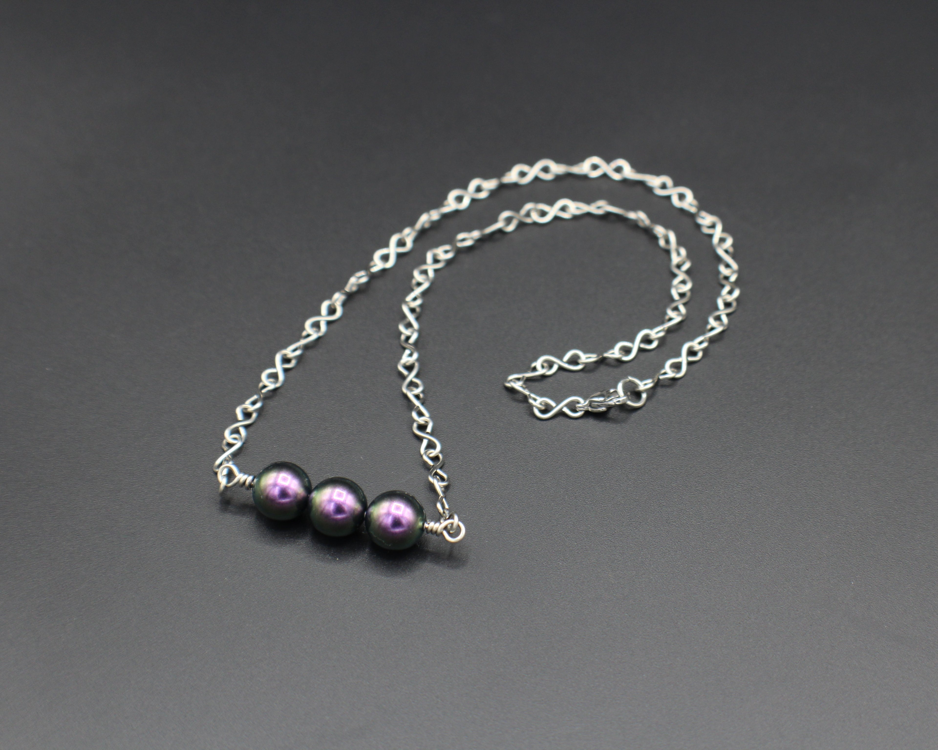 Handcrafted Purple Crystal Pearl Necklace with Stainless Steel Infinity Link Chain, 18"