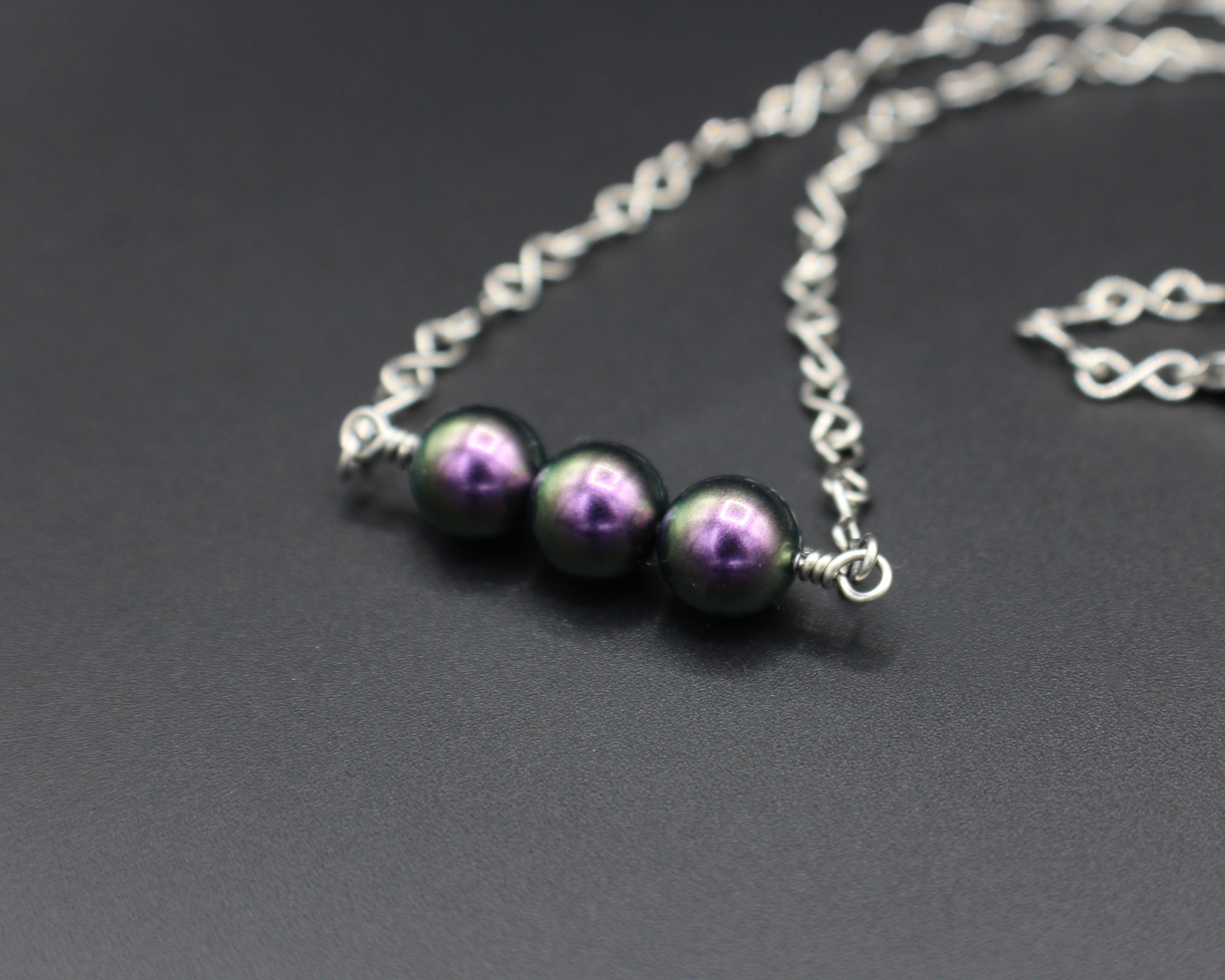 Handcrafted Purple Crystal Pearl Necklace with Stainless Steel Infinity Link Chain, 18"