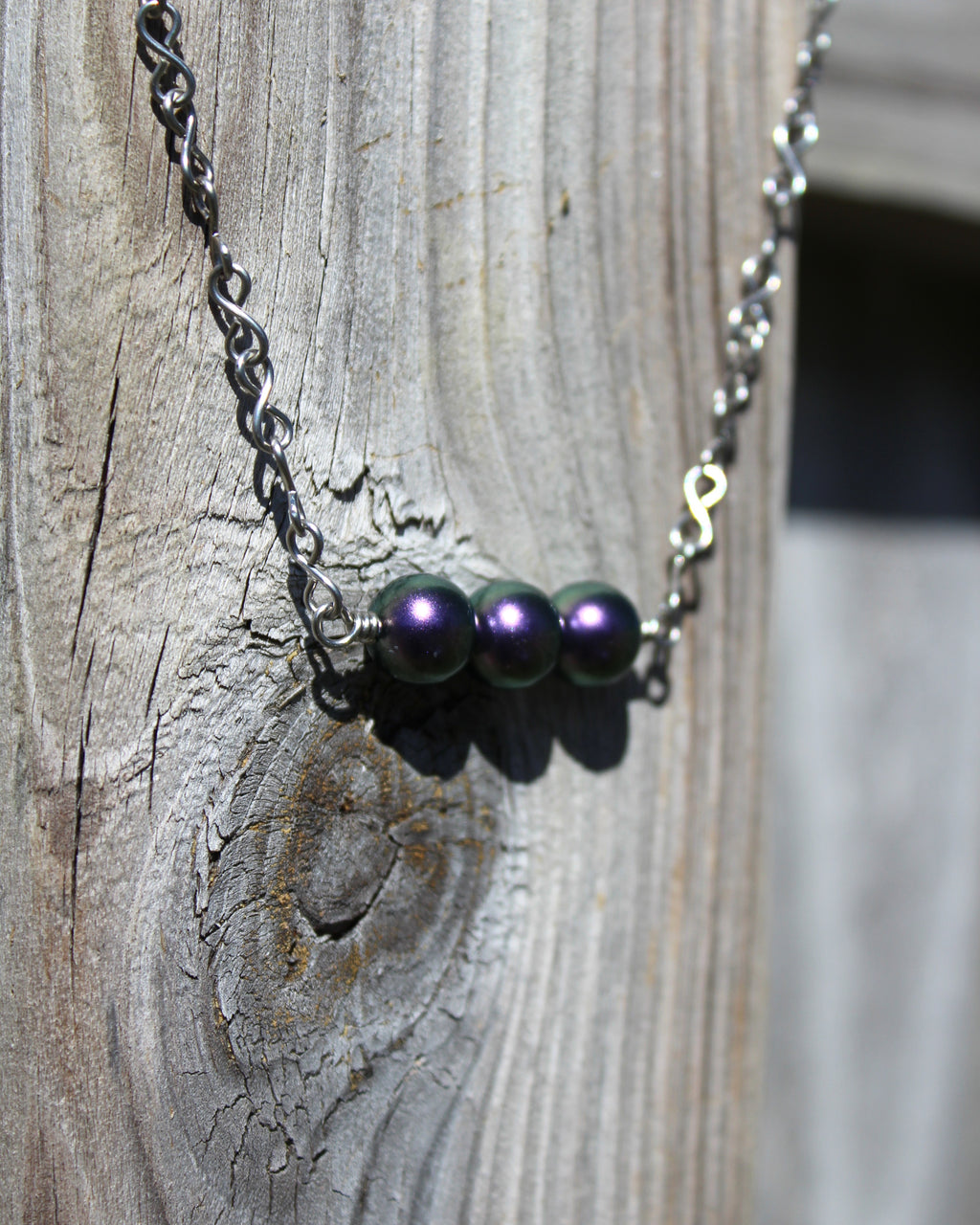 Handcrafted Purple Crystal Pearl Necklace with Stainless Steel Infinity Link Chain, 18"
