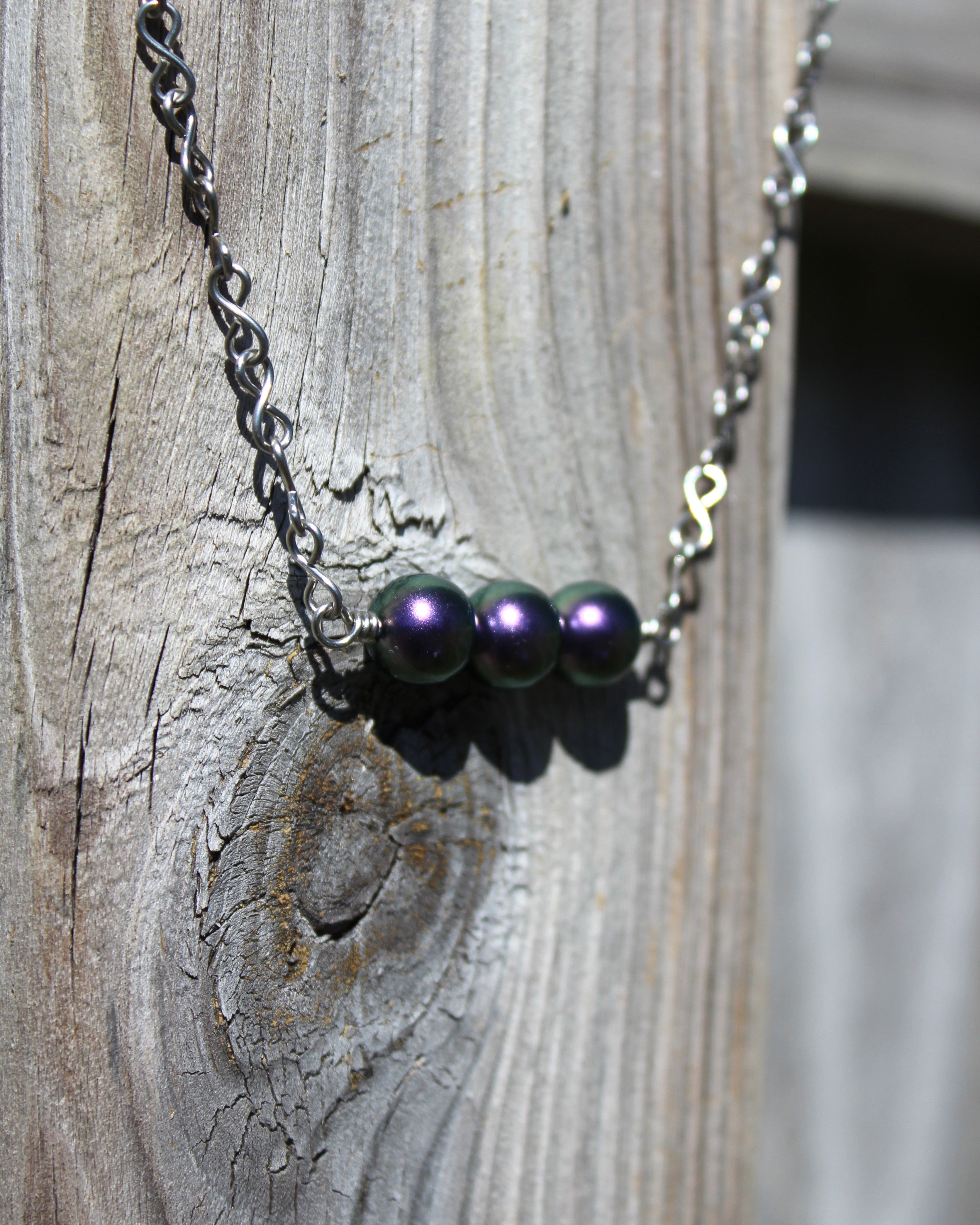 Handcrafted Purple Crystal Pearl Necklace with Stainless Steel Infinity Link Chain, 18"