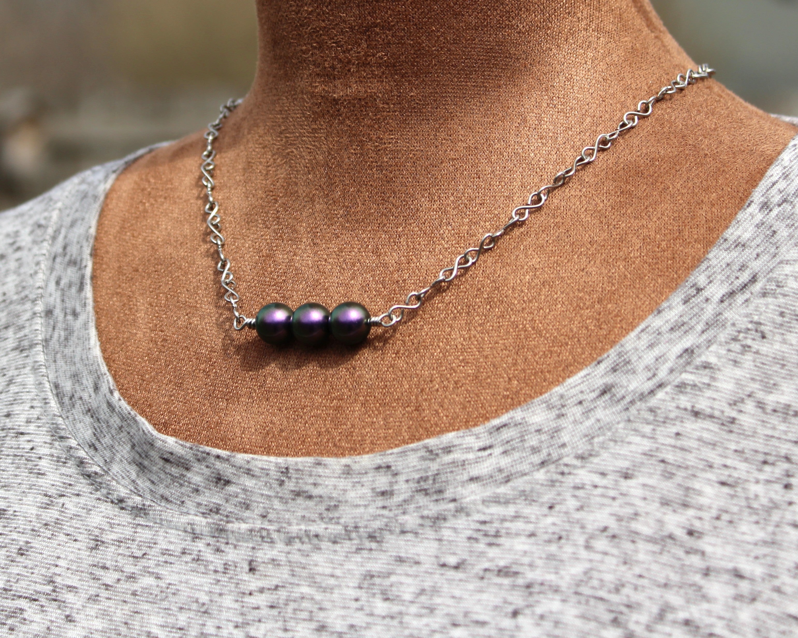 Handcrafted Purple Crystal Pearl Necklace with Stainless Steel Infinity Link Chain, 18"