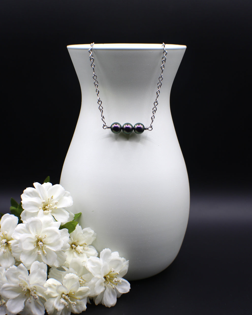 Handcrafted Purple Crystal Pearl Necklace with Stainless Steel Infinity Link Chain, 18"