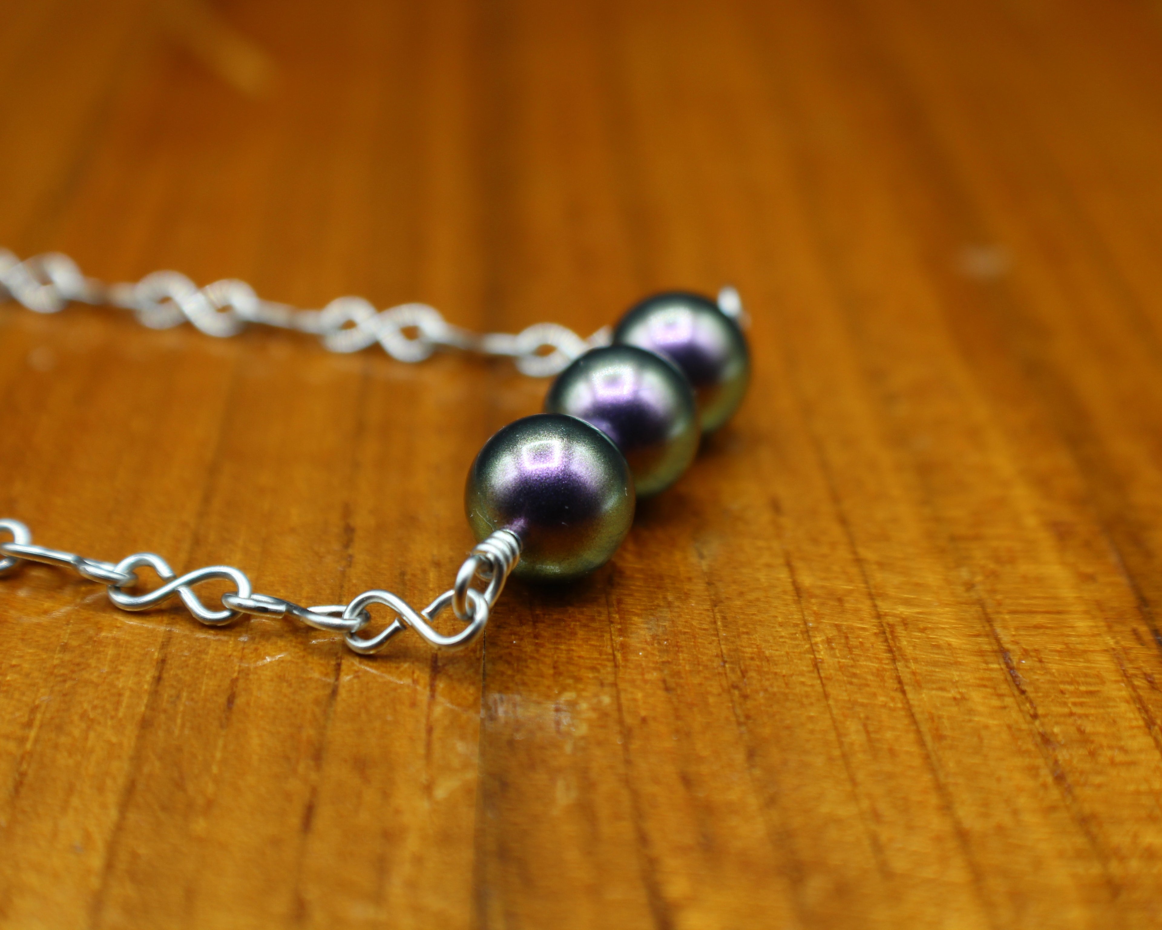 Handcrafted Purple Crystal Pearl Necklace with Stainless Steel Infinity Link Chain, 18"