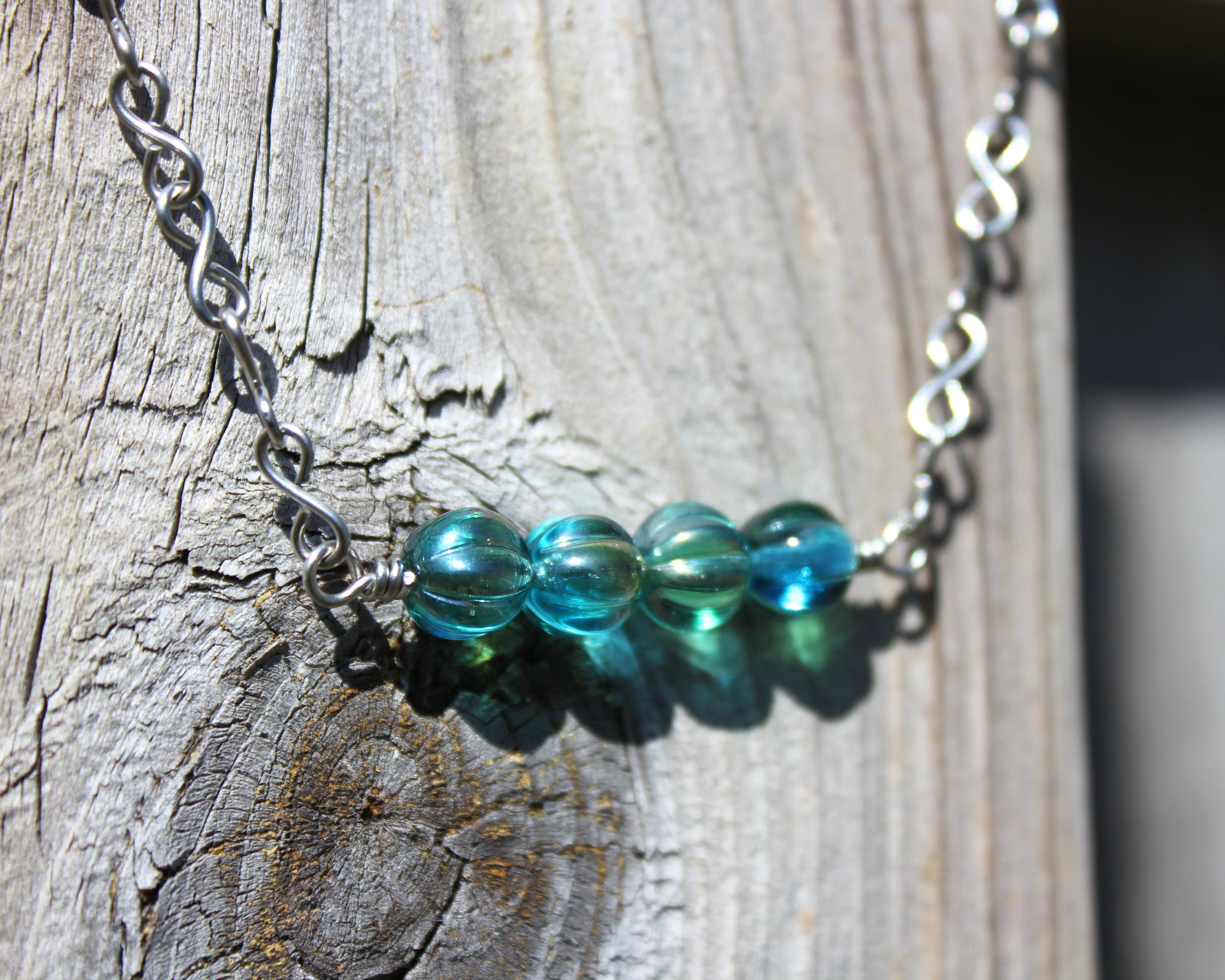 Handcrafted Aqua Melon Bead Necklace with Stainless Steel Infinity Link Chain, 18"