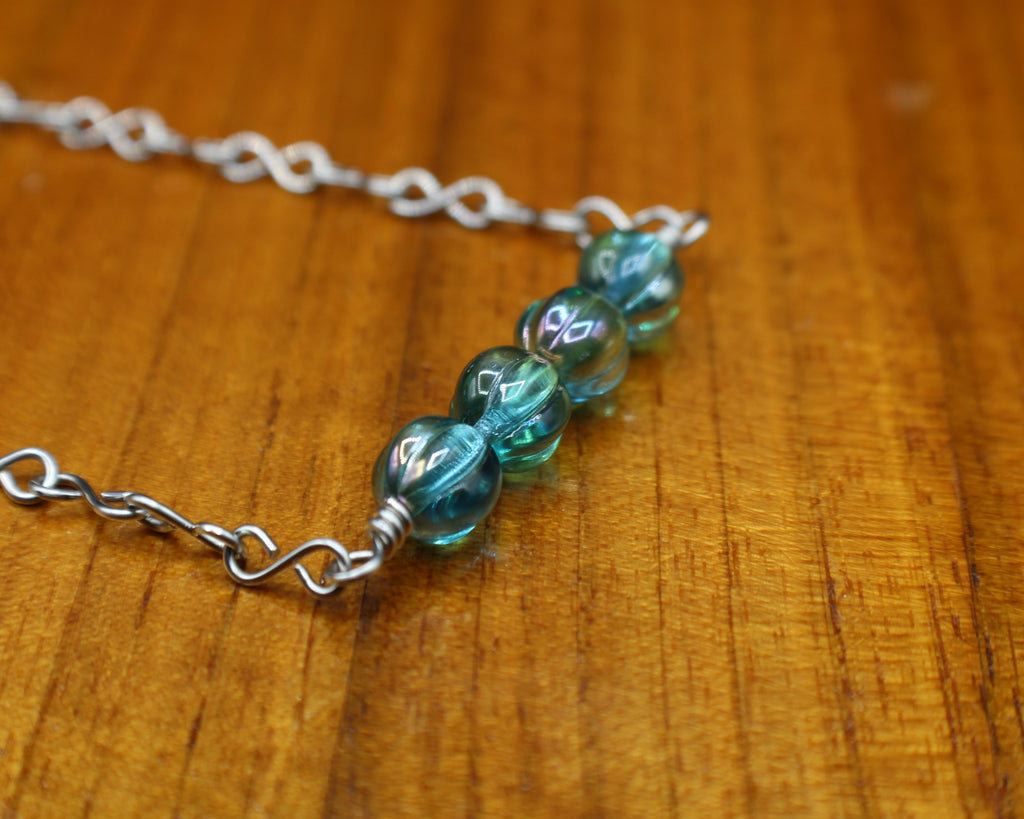 Handcrafted Aqua Melon Bead Necklace with Stainless Steel Infinity Link Chain, 18"