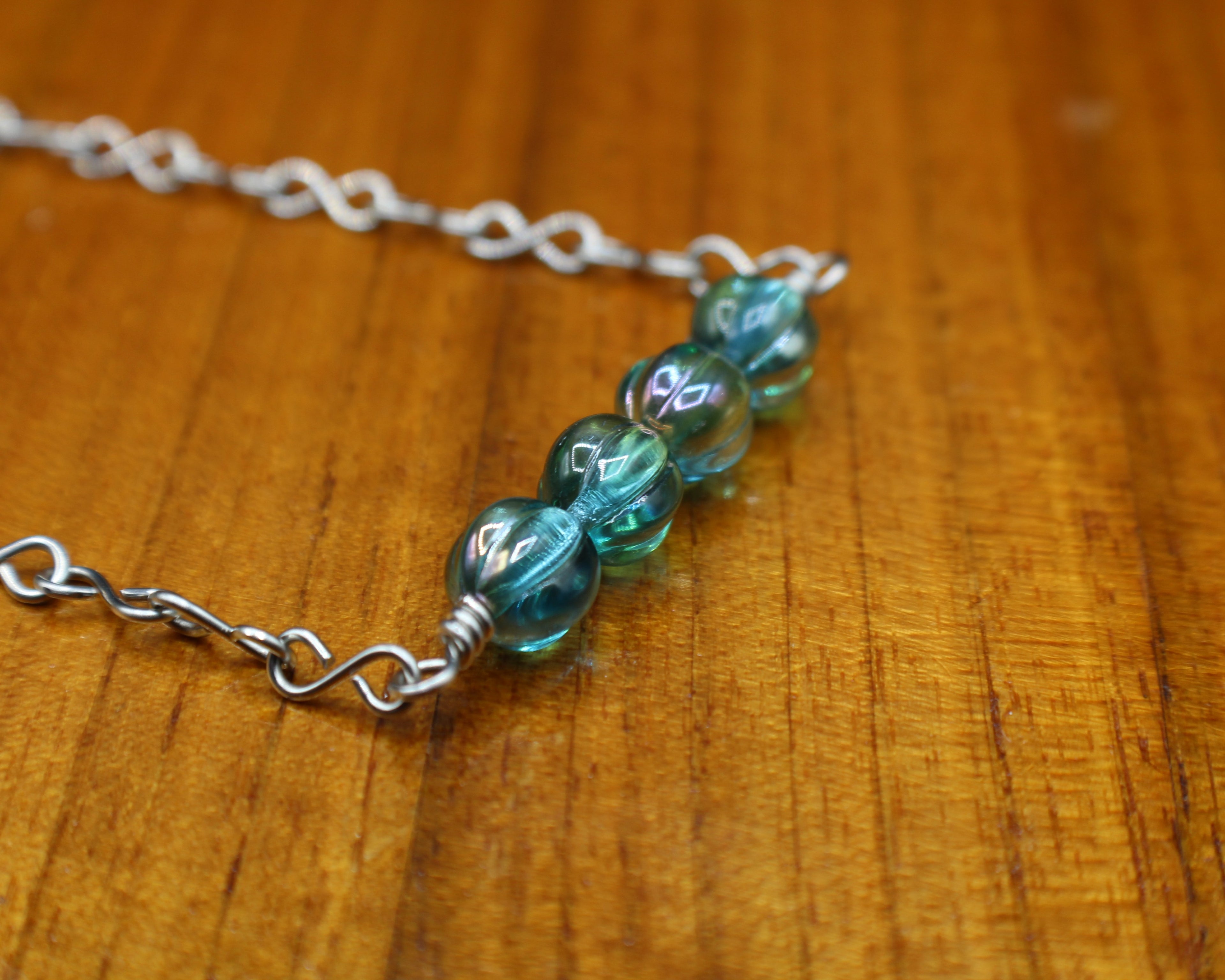 Handcrafted Aqua Melon Bead Necklace with Stainless Steel Infinity Link Chain, 18"