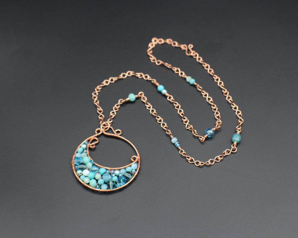Handcrafted Copper Beaded Pendant Necklace with Infinity Link Chain, 22"