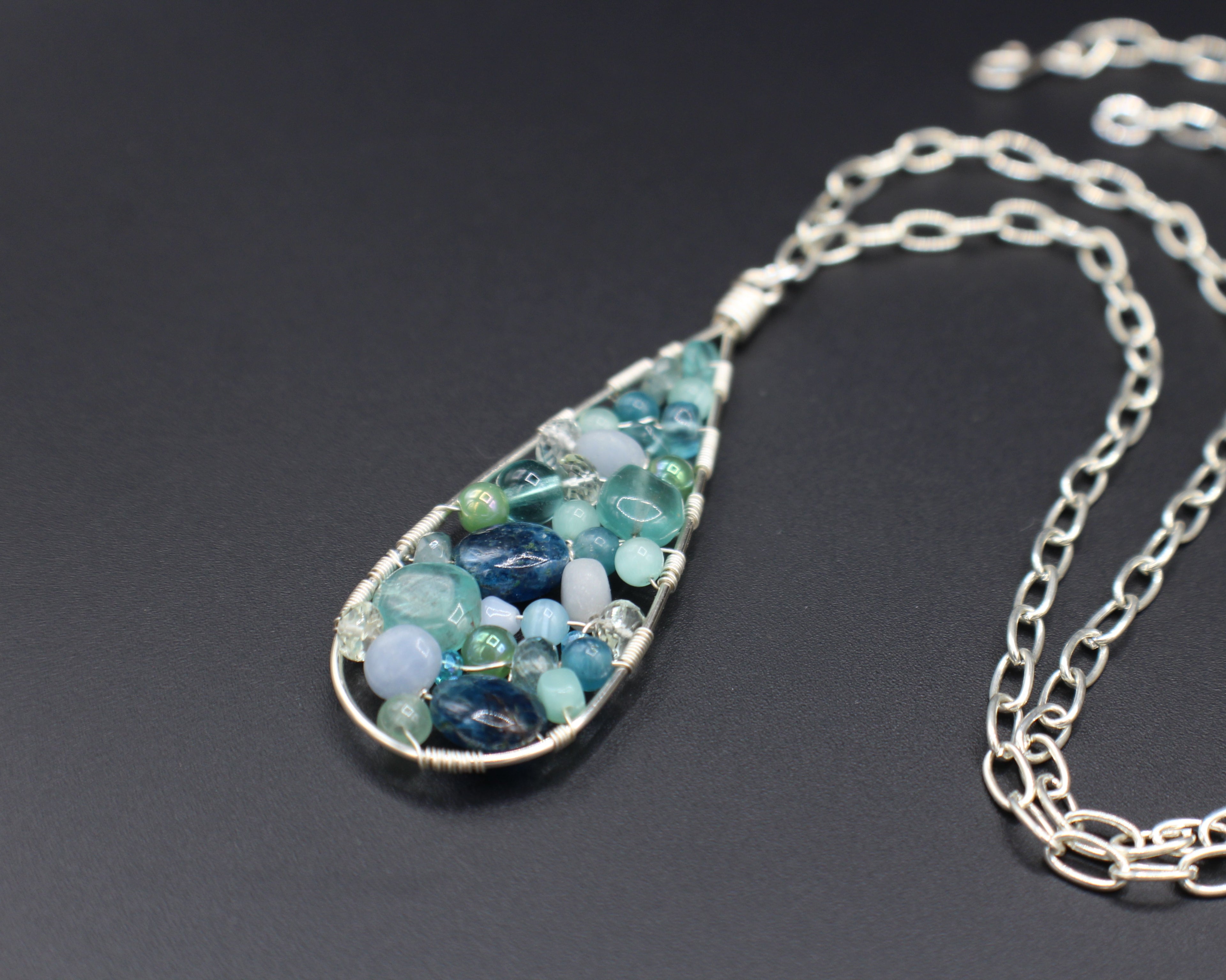 Handcrafted Silver Plated Beaded Pendant Necklace with Cable Chain, 24"
