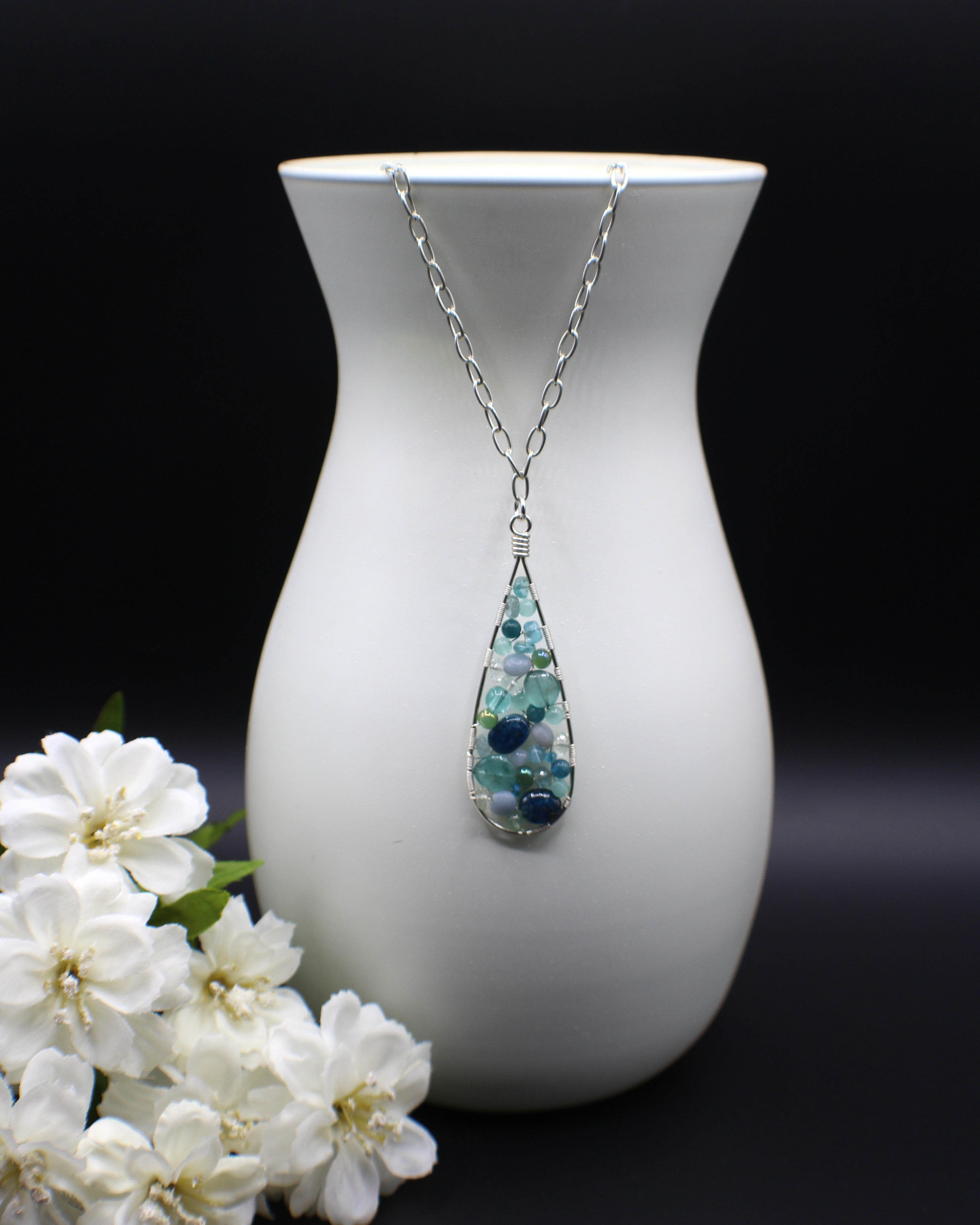 Handcrafted Silver Plated Beaded Pendant Necklace with Cable Chain, 24"