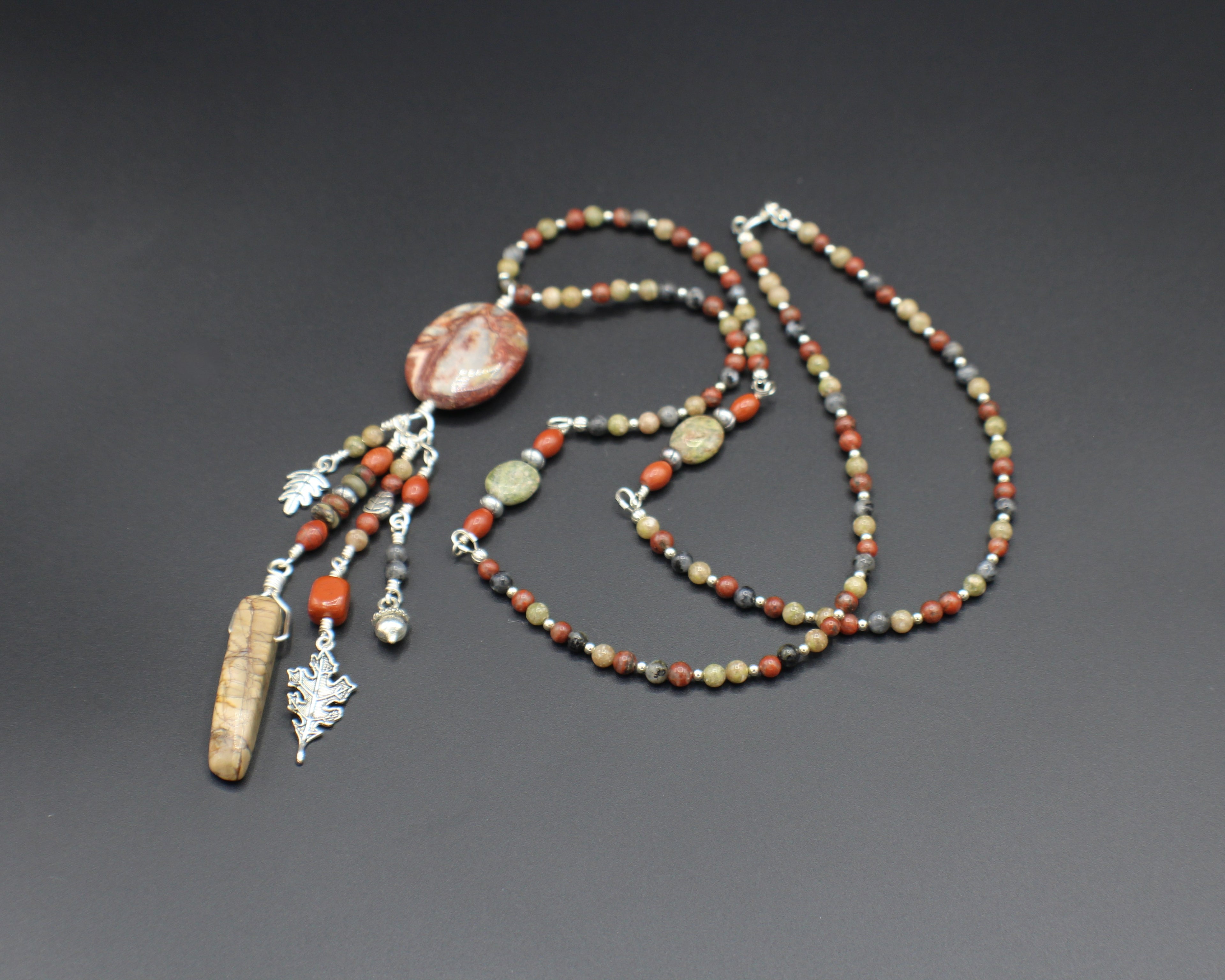 Handcrafted Jasper and Labradorite Necklace with Crazy Lace Agate Focal and Charms, 28"