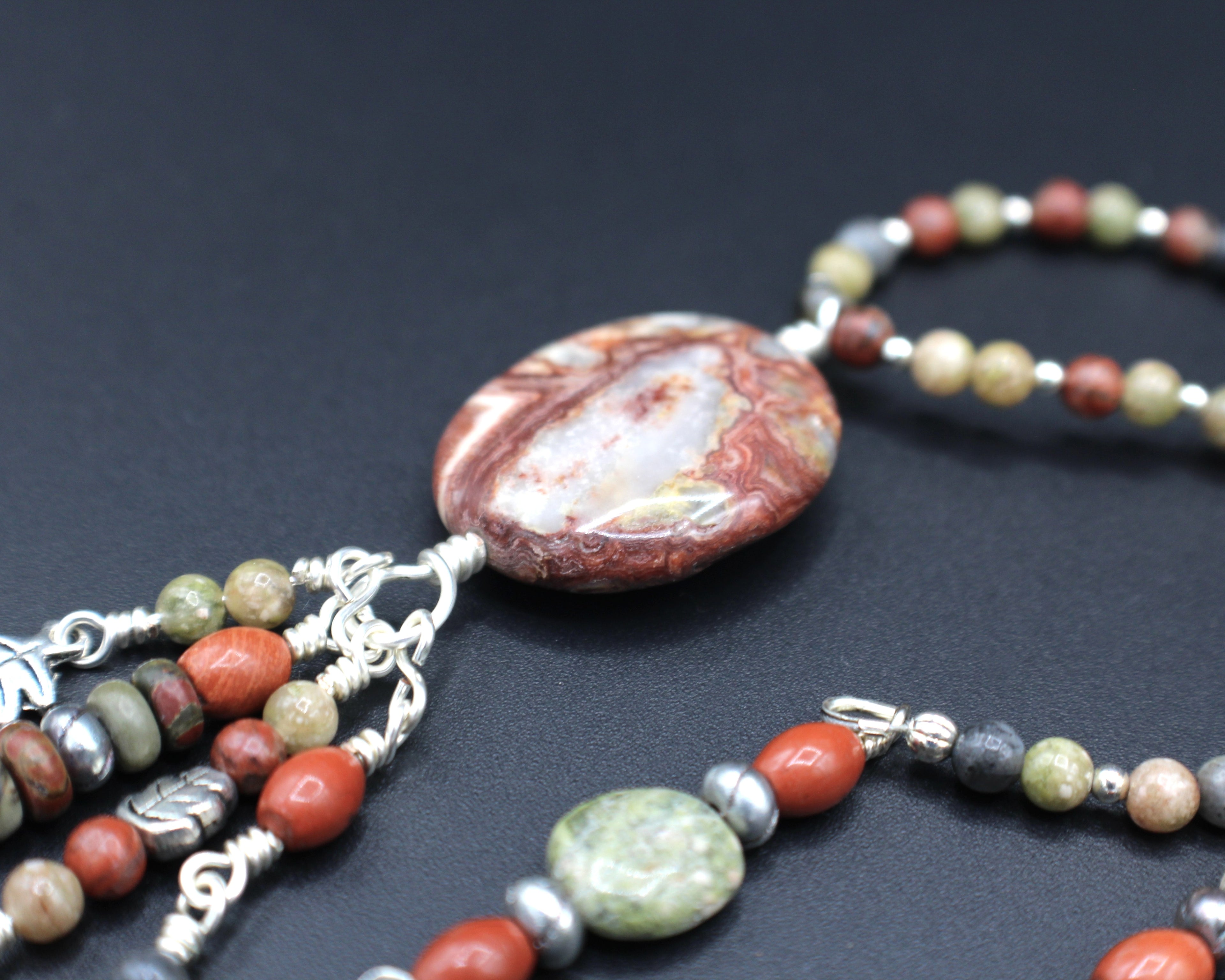 Handcrafted Jasper and Labradorite Necklace with Crazy Lace Agate Focal and Charms, 28"