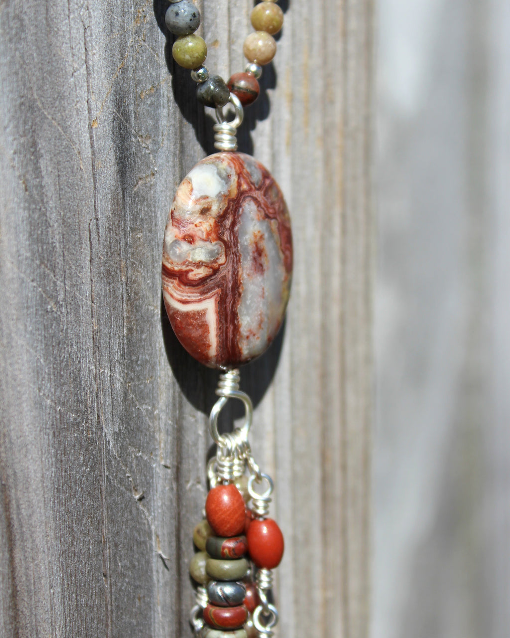 Handcrafted Jasper and Labradorite Necklace with Crazy Lace Agate Focal and Charms, 28"