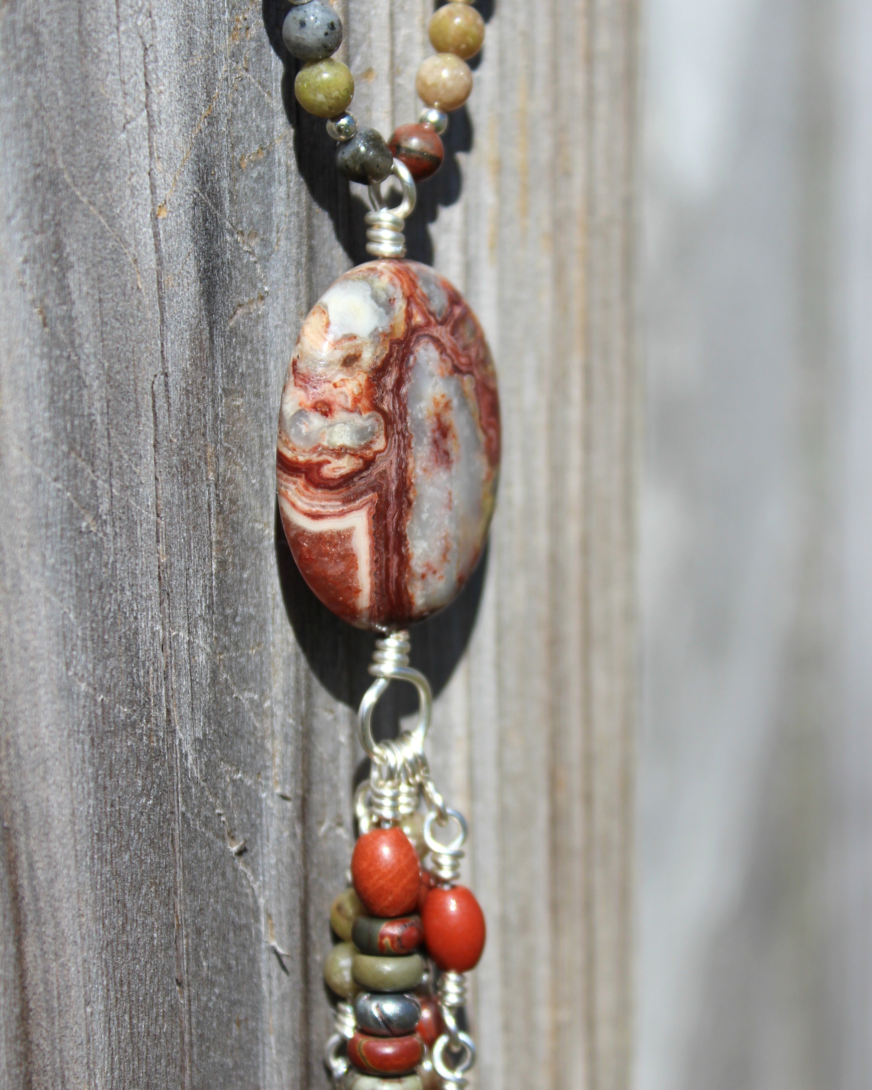 Handcrafted Jasper and Labradorite Necklace with Crazy Lace Agate Focal and Charms, 28"