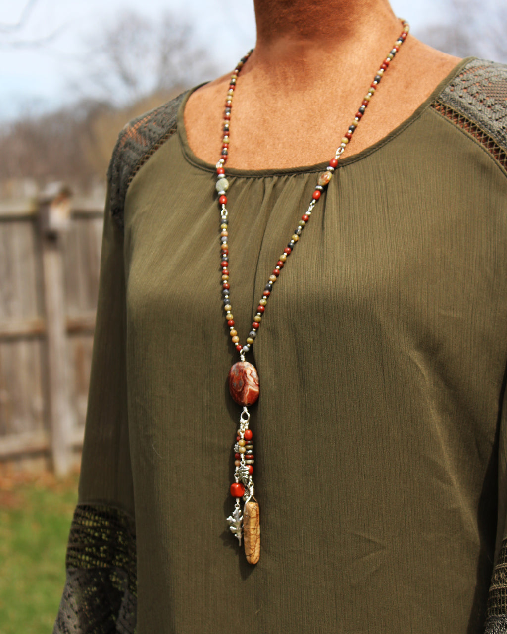 Handcrafted Jasper and Labradorite Necklace with Crazy Lace Agate Focal and Charms, 28"