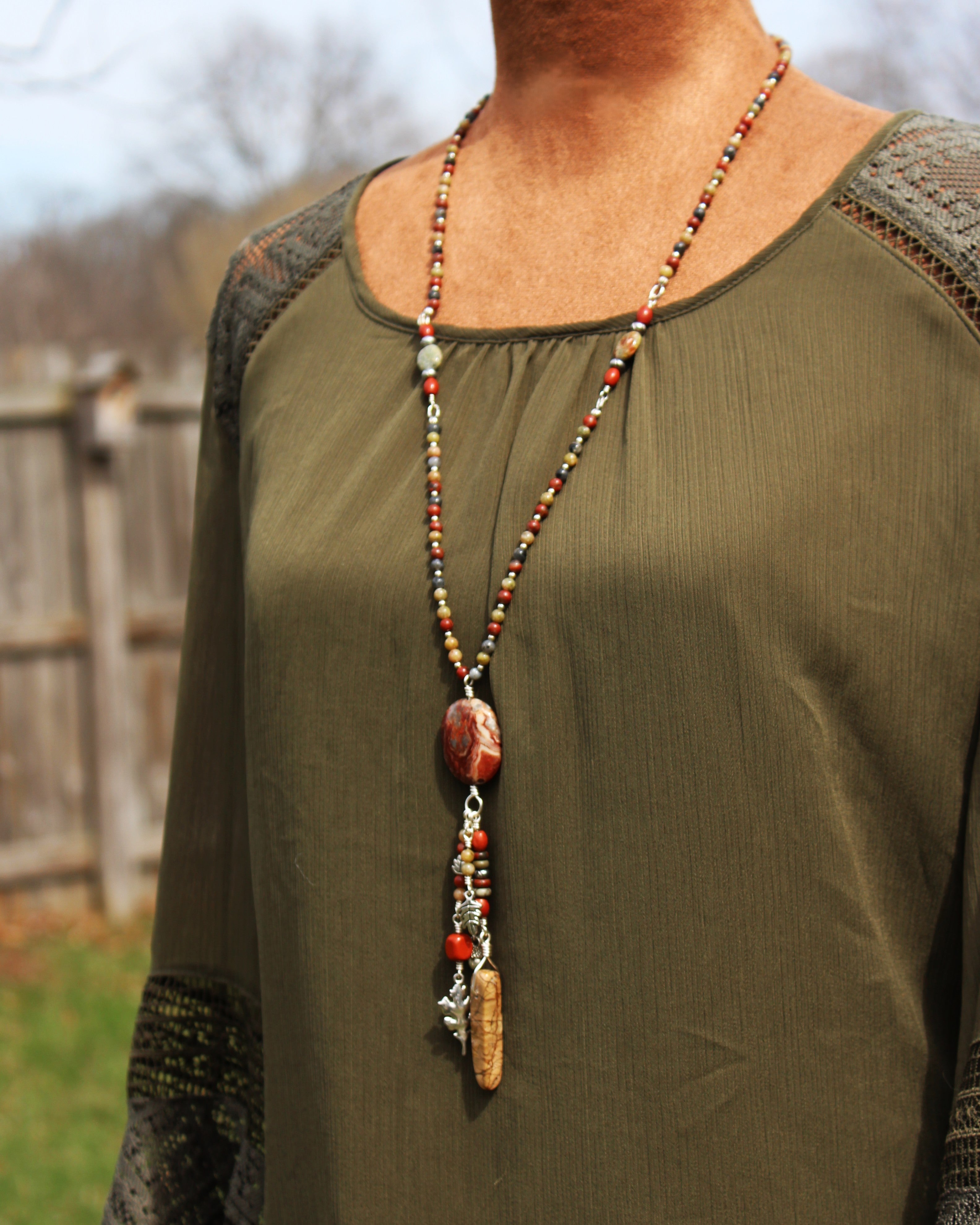 Handcrafted Jasper and Labradorite Necklace with Crazy Lace Agate Focal and Charms, 28"