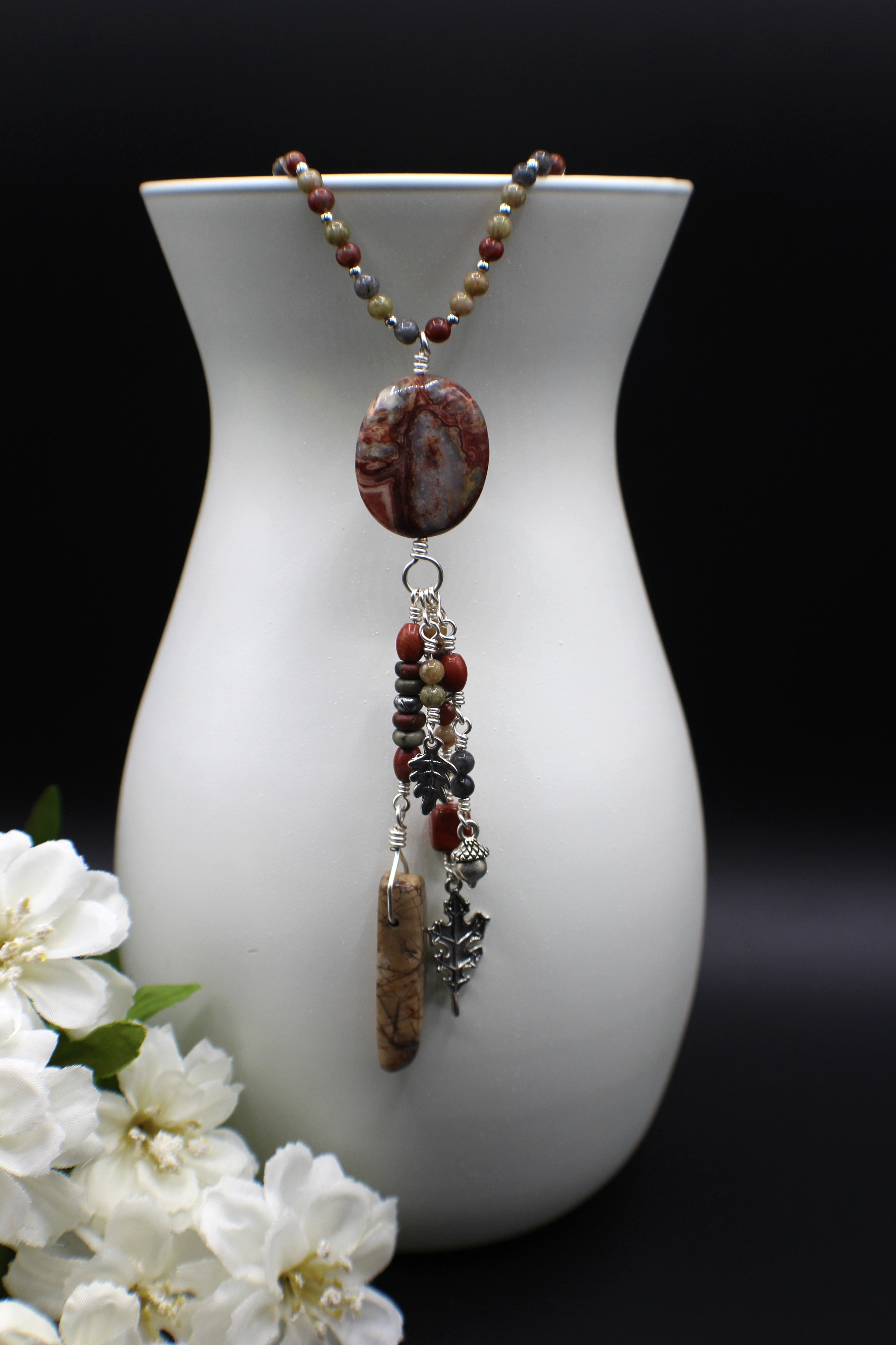 Handcrafted Jasper and Labradorite Necklace with Crazy Lace Agate Focal and Charms, 28"