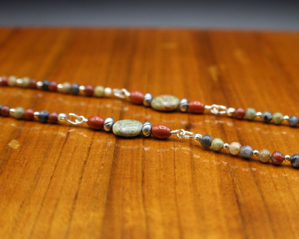 Handcrafted Jasper and Labradorite Necklace with Crazy Lace Agate Focal and Charms, 28"