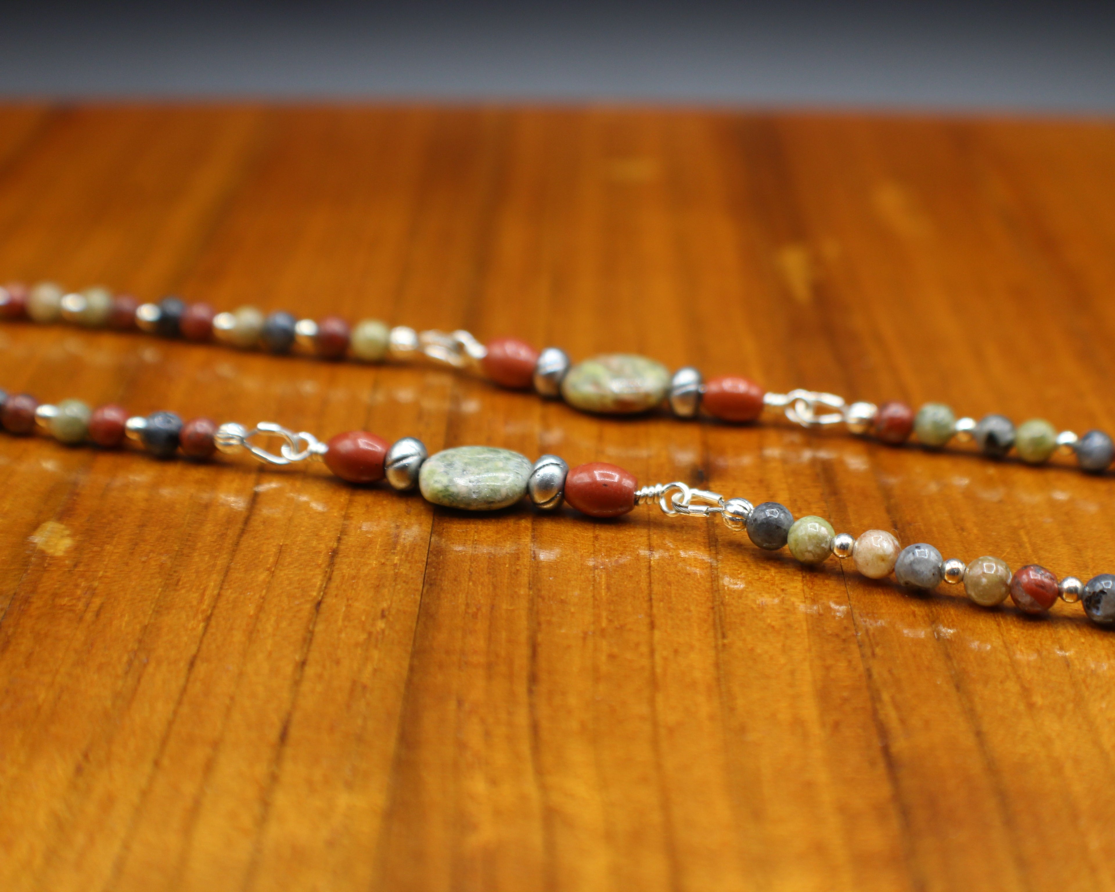 Handcrafted Jasper and Labradorite Necklace with Crazy Lace Agate Focal and Charms, 28"