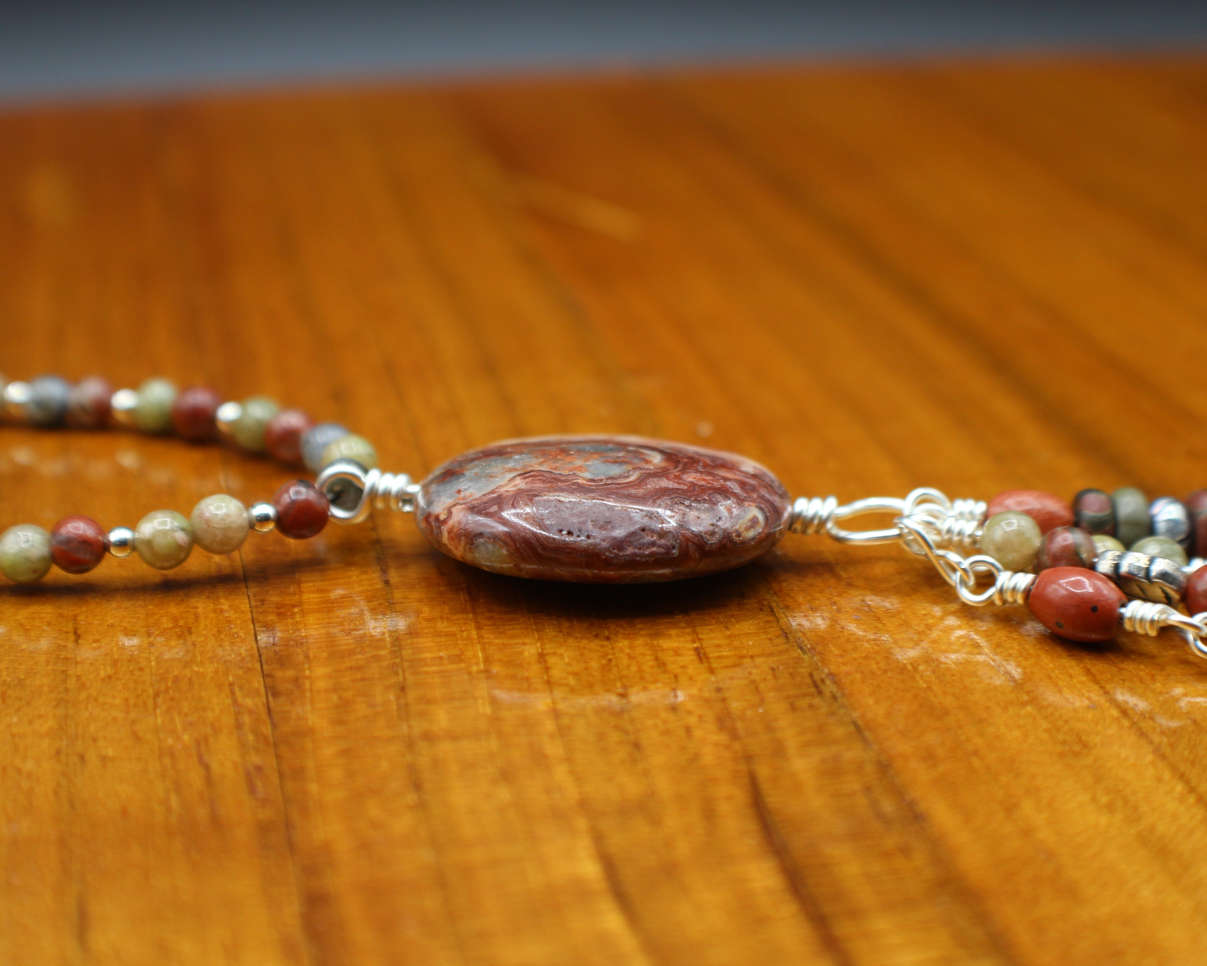 Handcrafted Jasper and Labradorite Necklace with Crazy Lace Agate Focal and Charms, 28"