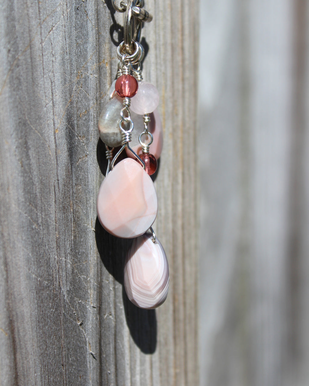 Handcrafted Asymmetrical Moonstone, Rose Quartz and Labradorite Necklace with Front Toggle, 26"