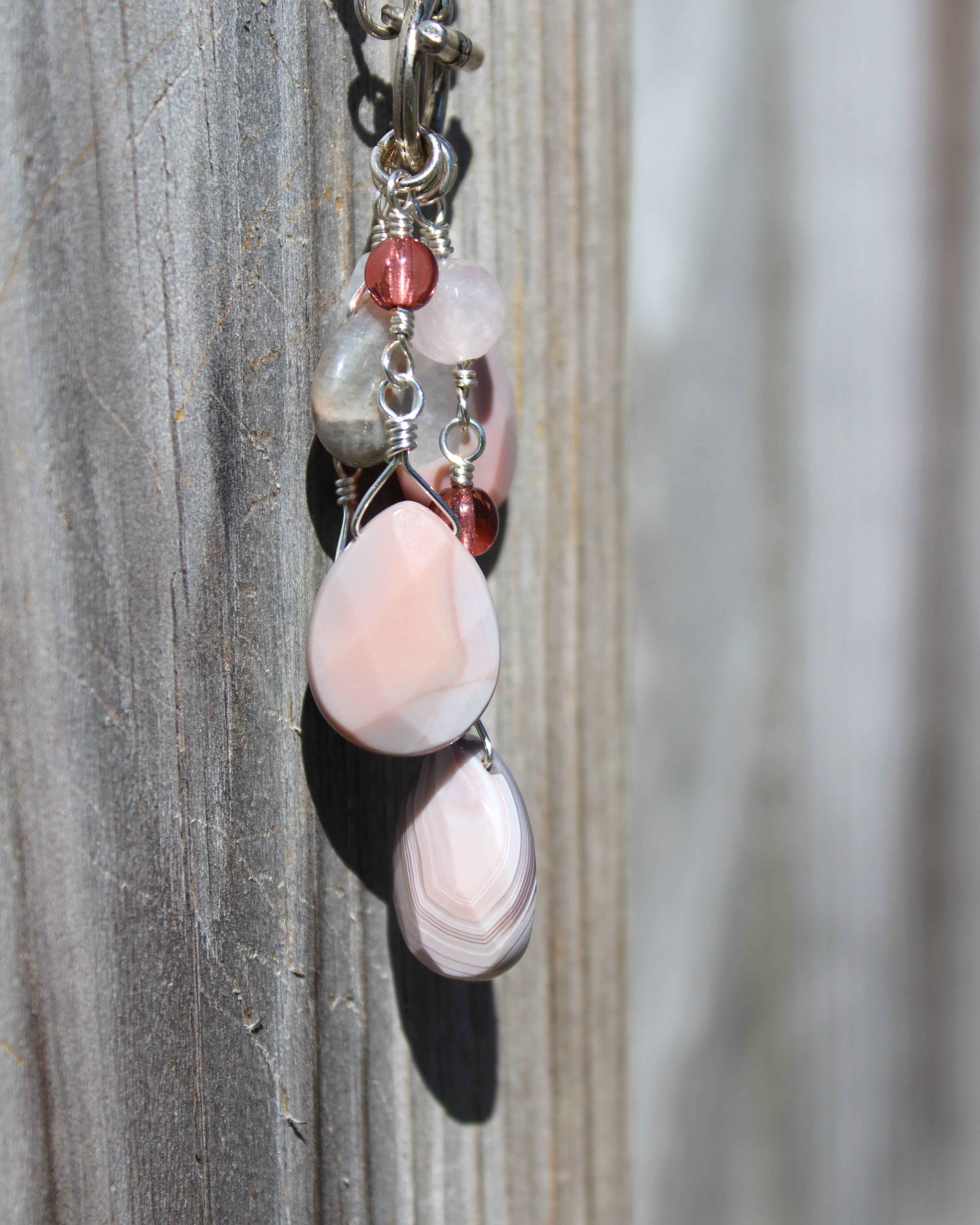 Handcrafted Asymmetrical Moonstone, Rose Quartz and Labradorite Necklace with Front Toggle, 26"