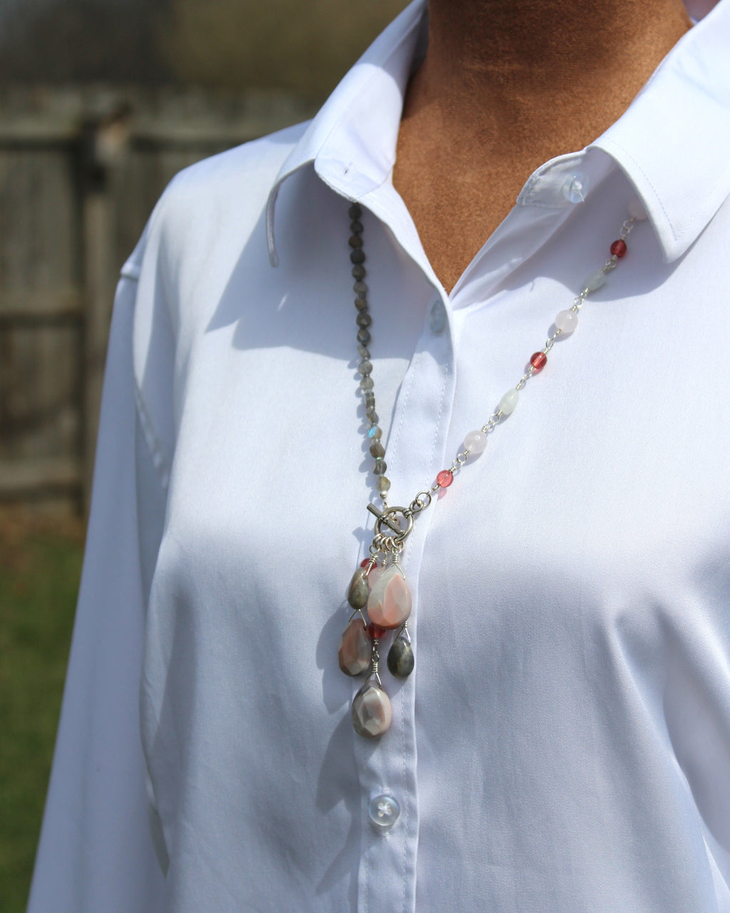 Handcrafted Asymmetrical Moonstone, Rose Quartz and Labradorite Necklace with Front Toggle, 26"