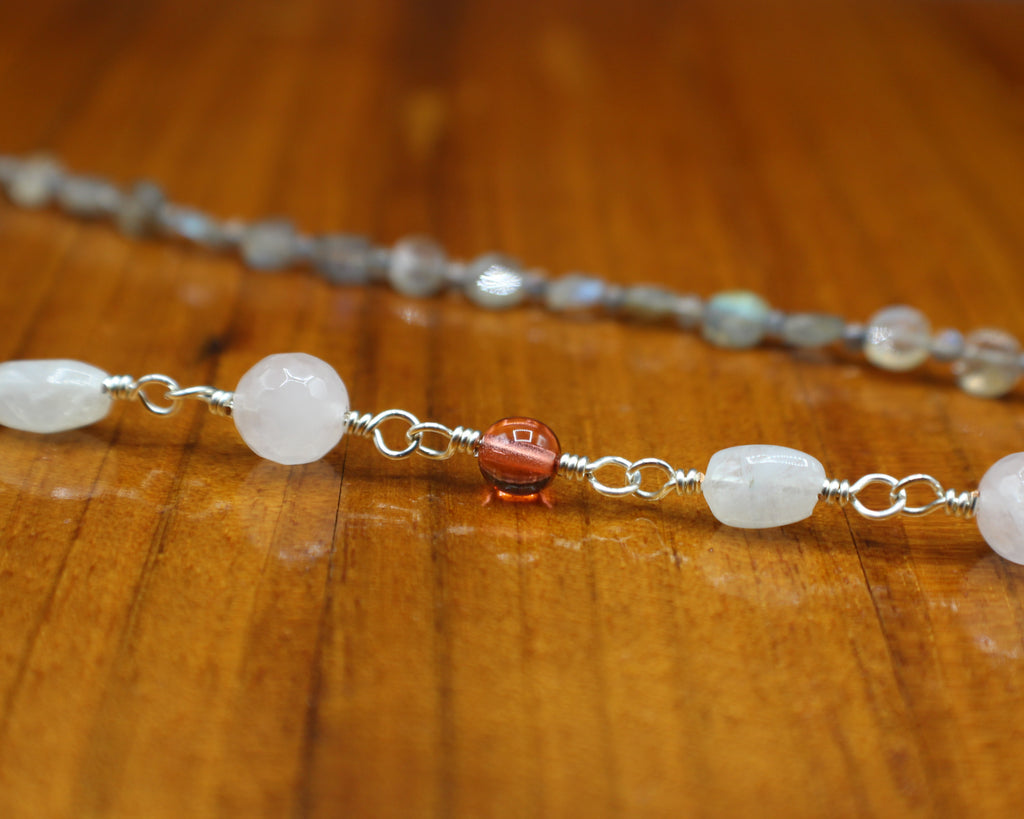 Handcrafted Asymmetrical Moonstone, Rose Quartz and Labradorite Necklace with Front Toggle, 26"