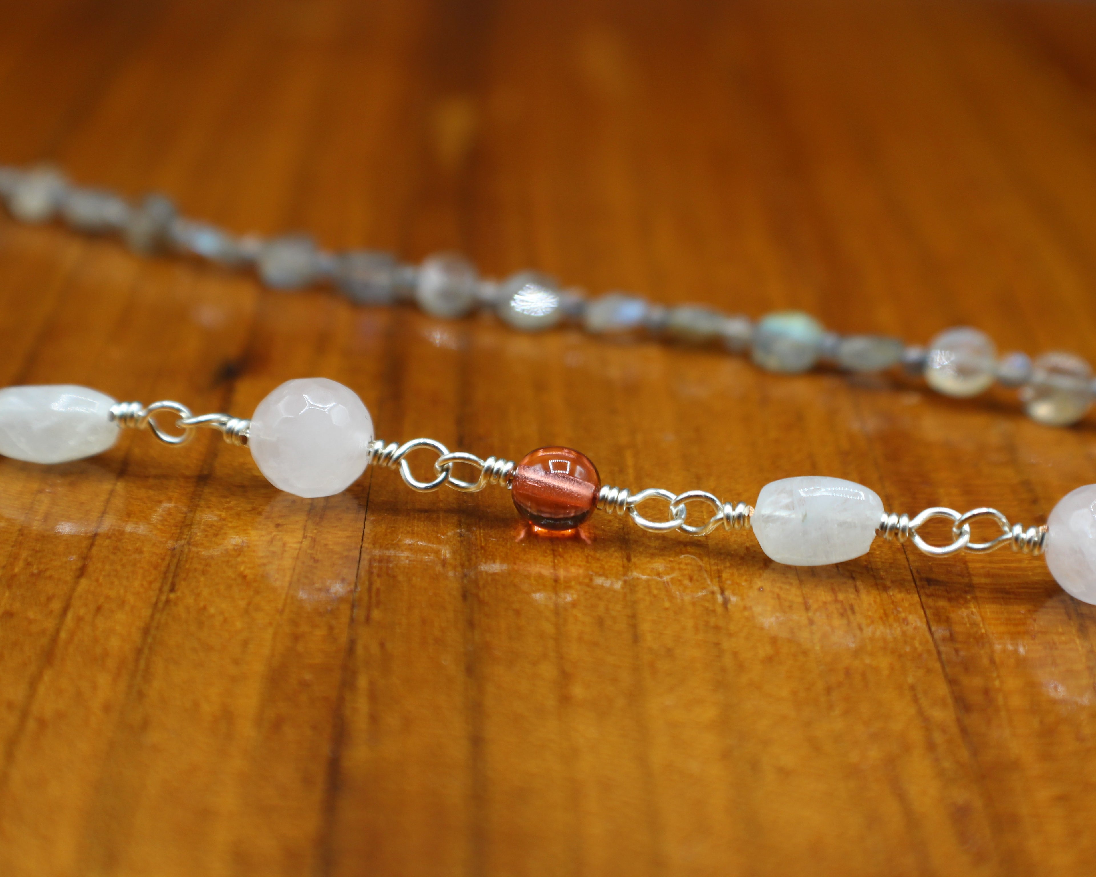Handcrafted Asymmetrical Moonstone, Rose Quartz and Labradorite Necklace with Front Toggle, 26"