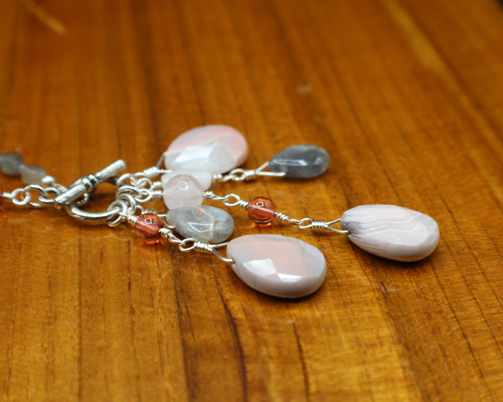 Handcrafted Asymmetrical Moonstone, Rose Quartz and Labradorite Necklace with Front Toggle, 26"